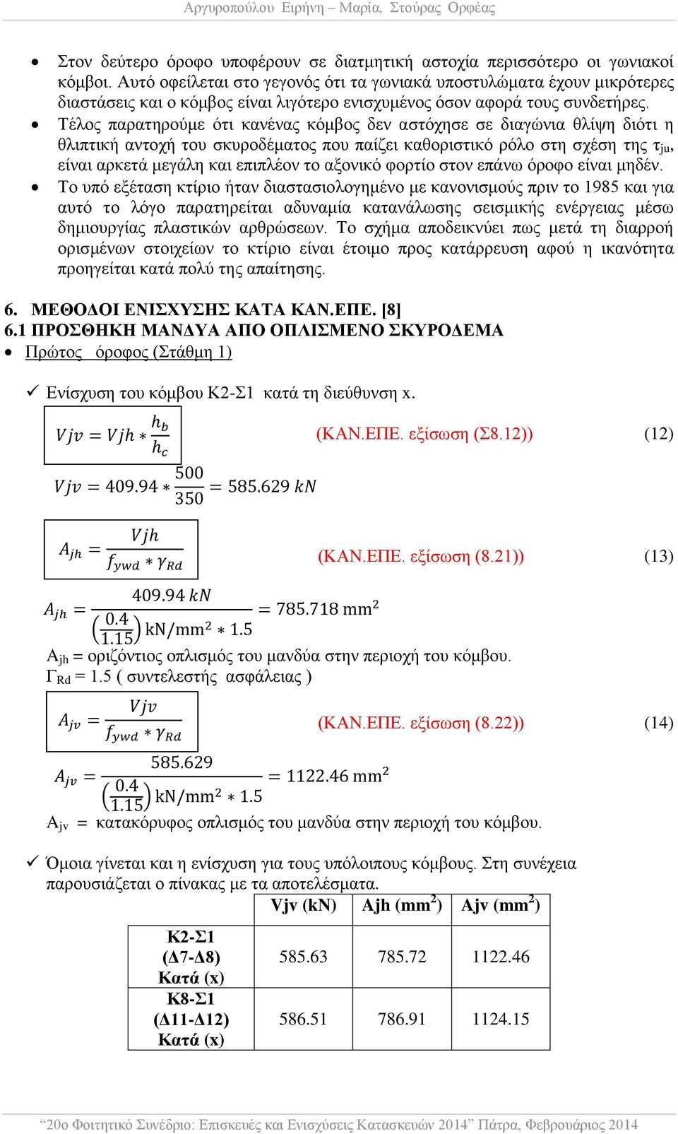 Τέλος παρατηρούμε ότι κανένας κόμβος δεν αστόχησε σε διαγώνια θλίψη διότι η θλιπτική αντοχή του σκυροδέματος που παίζει καθοριστικό ρόλο στη σχέση της τ ju, είναι αρκετά μεγάλη και επιπλέον το