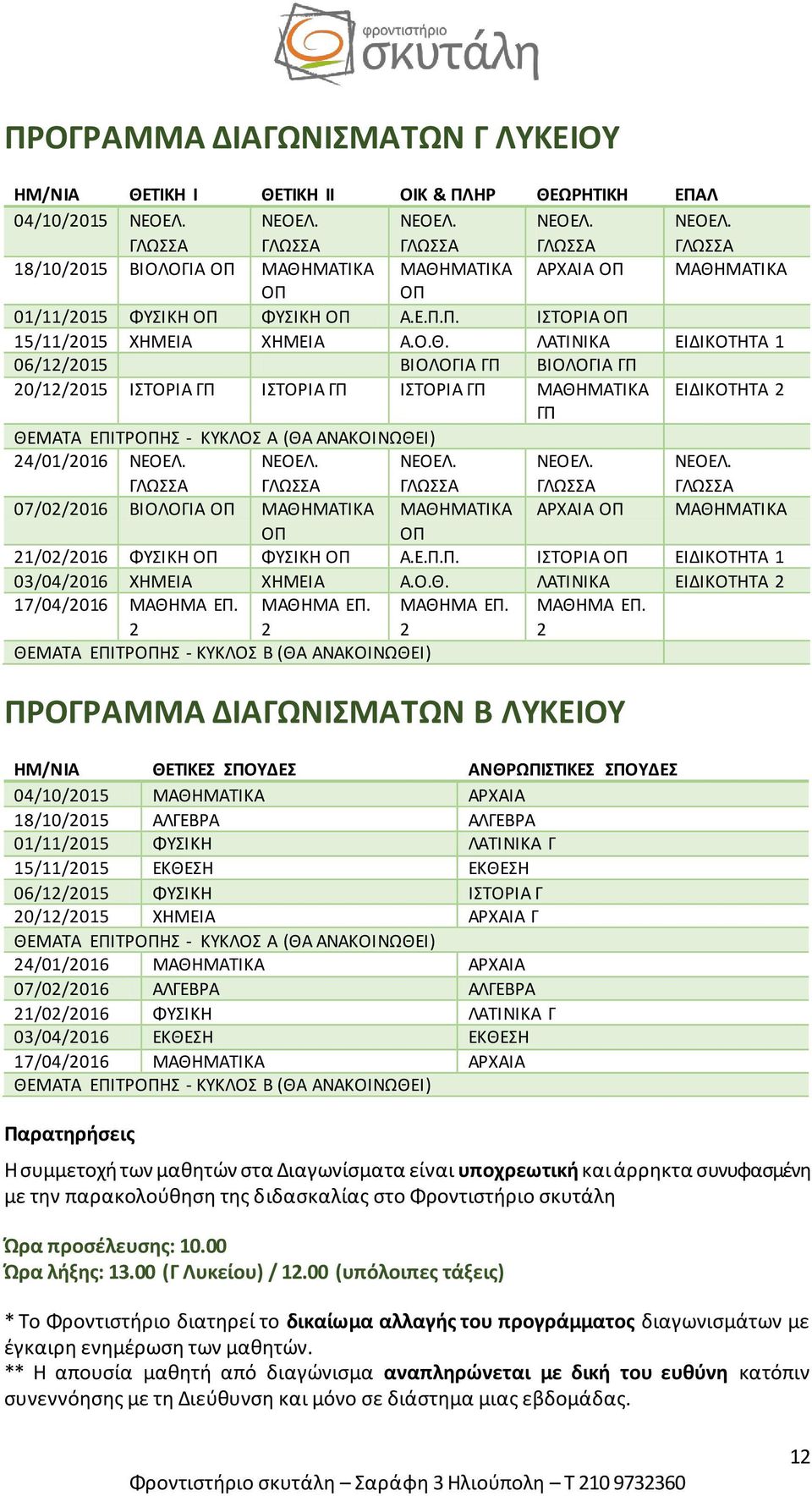 ΛΑΤΙΝΙΚΑ ΕΙΔΙΚΟΤΗΤΑ 1 06/12/2015 ΒΙΟΛΟΓΙΑ ΓΠ ΒΙΟΛΟΓΙΑ ΓΠ 20/12/2015 ΙΣΤΟΡΙΑ ΓΠ ΙΣΤΟΡΙΑ ΓΠ ΙΣΤΟΡΙΑ ΓΠ ΜΑΘΗΜΑΤΙΚΑ ΕΙΔΙΚΟΤΗΤΑ 2 ΓΠ ΘΕΜΑΤΑ ΕΠΙΤΡΟΠΗΣ - ΚΥΚΛΟΣ Α (ΘΑ ΑΝΑΚΟΙΝΩΘΕΙ) 24/01/2016 07/02/2016