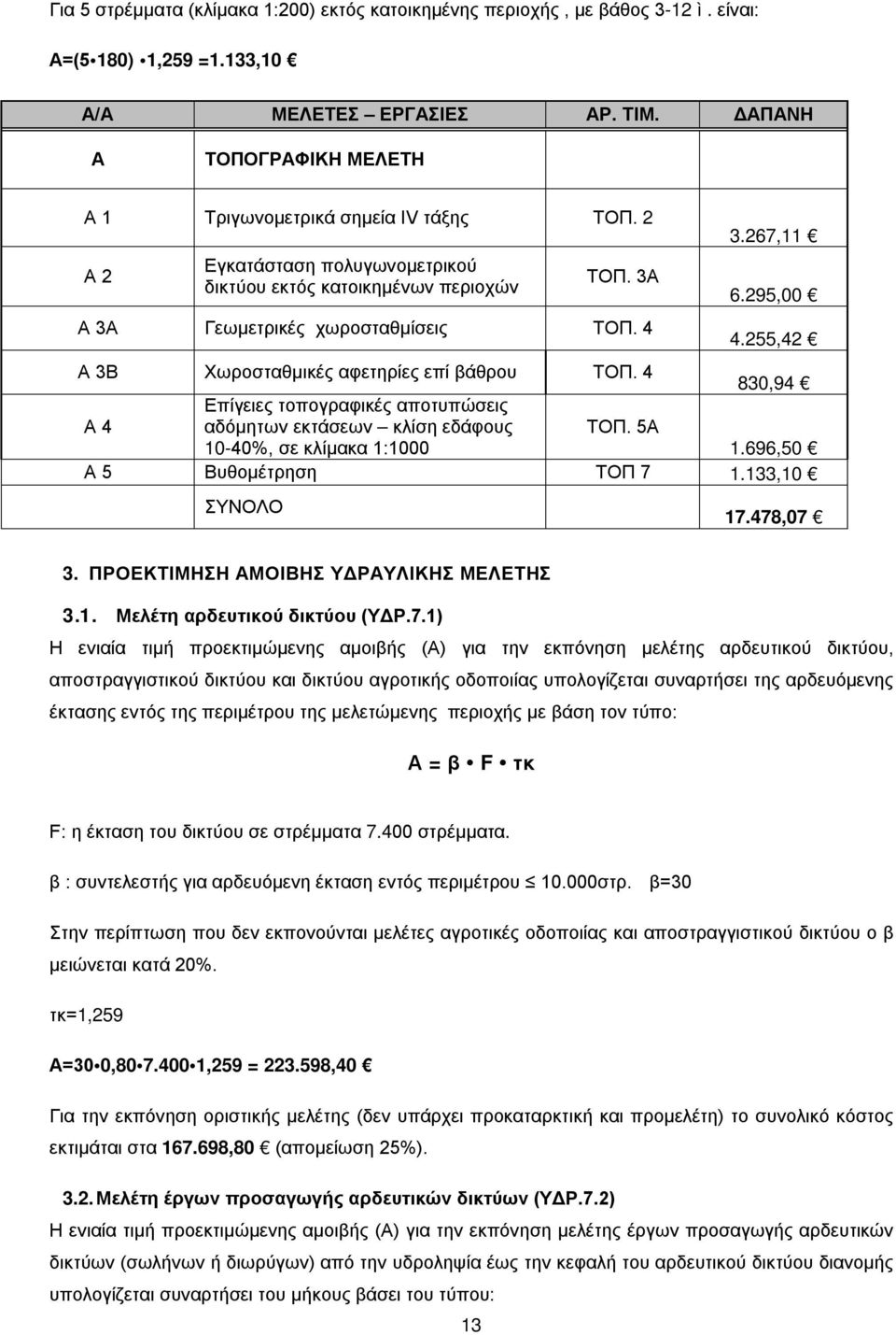 4 830,94 Α 4 Επίγειες τοπογραφικές αποτυπώσεις αδόμητων εκτάσεων κλίση εδάφους 0-40%, σε κλίμακα :000 ΤΟΠ. 5Α.696,50 Α 5 Βυθομέτρηση ΤΟΠ 7.33,0 ΣΥΝΟΛΟ 7.478,07 3.