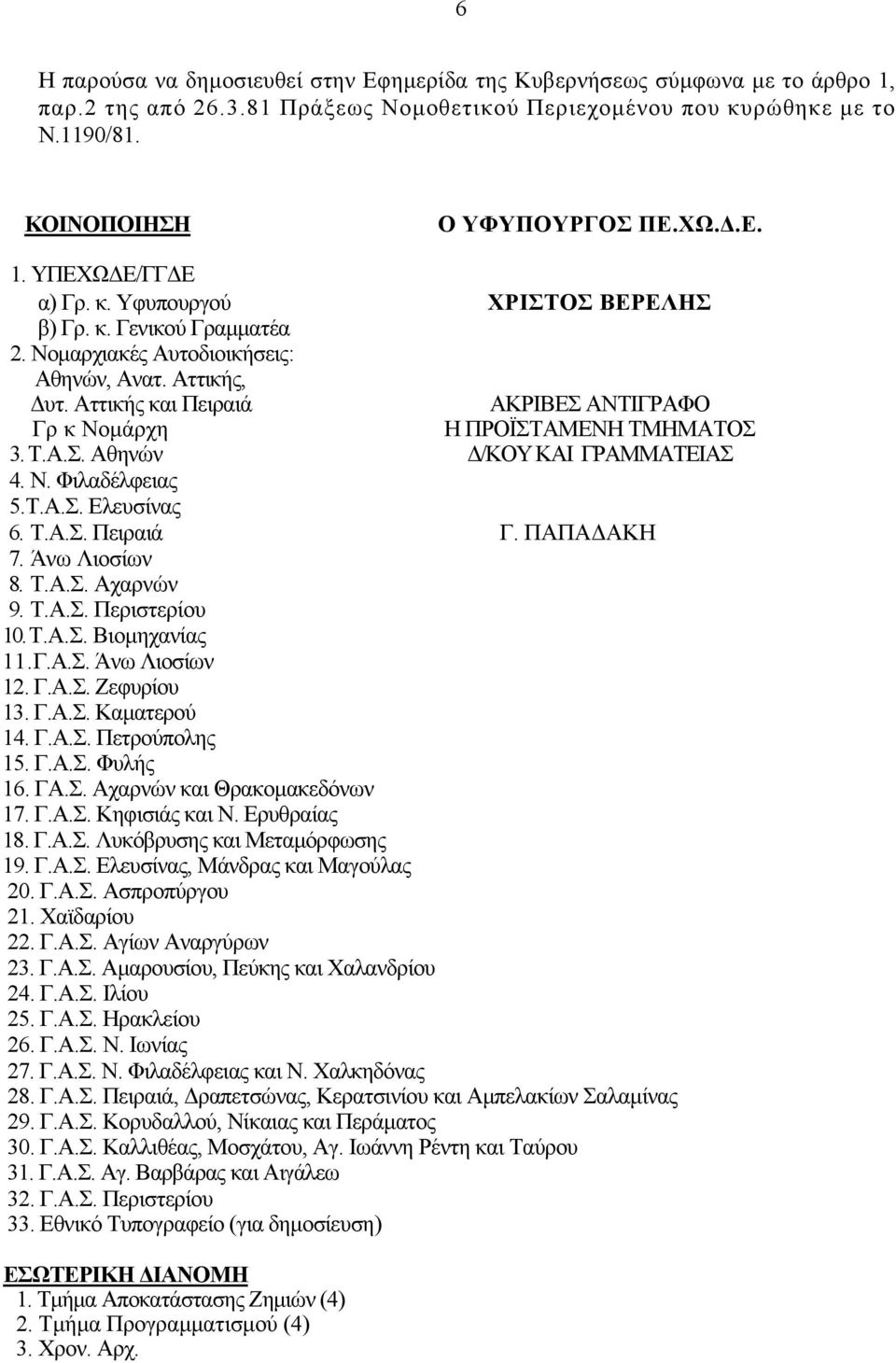 Ν. Φιλαδέλφειας 5.Τ.Α.Σ. Ελευσίνας 6. Τ.Α.Σ. Πειραιά Γ. ΠΑΠΑ ΑΚΗ 7. Άνω Λιοσίων 8. Τ.Α.Σ. Αχαρνών 9. Τ.Α.Σ. Περιστερίου 10. Τ.Α.Σ. Βιοµηχανίας 11.Γ.Α.Σ. Άνω Λιοσίων 12. Γ.Α.Σ. Ζεφυρίου 13. Γ.Α.Σ. Καµατερού 14.
