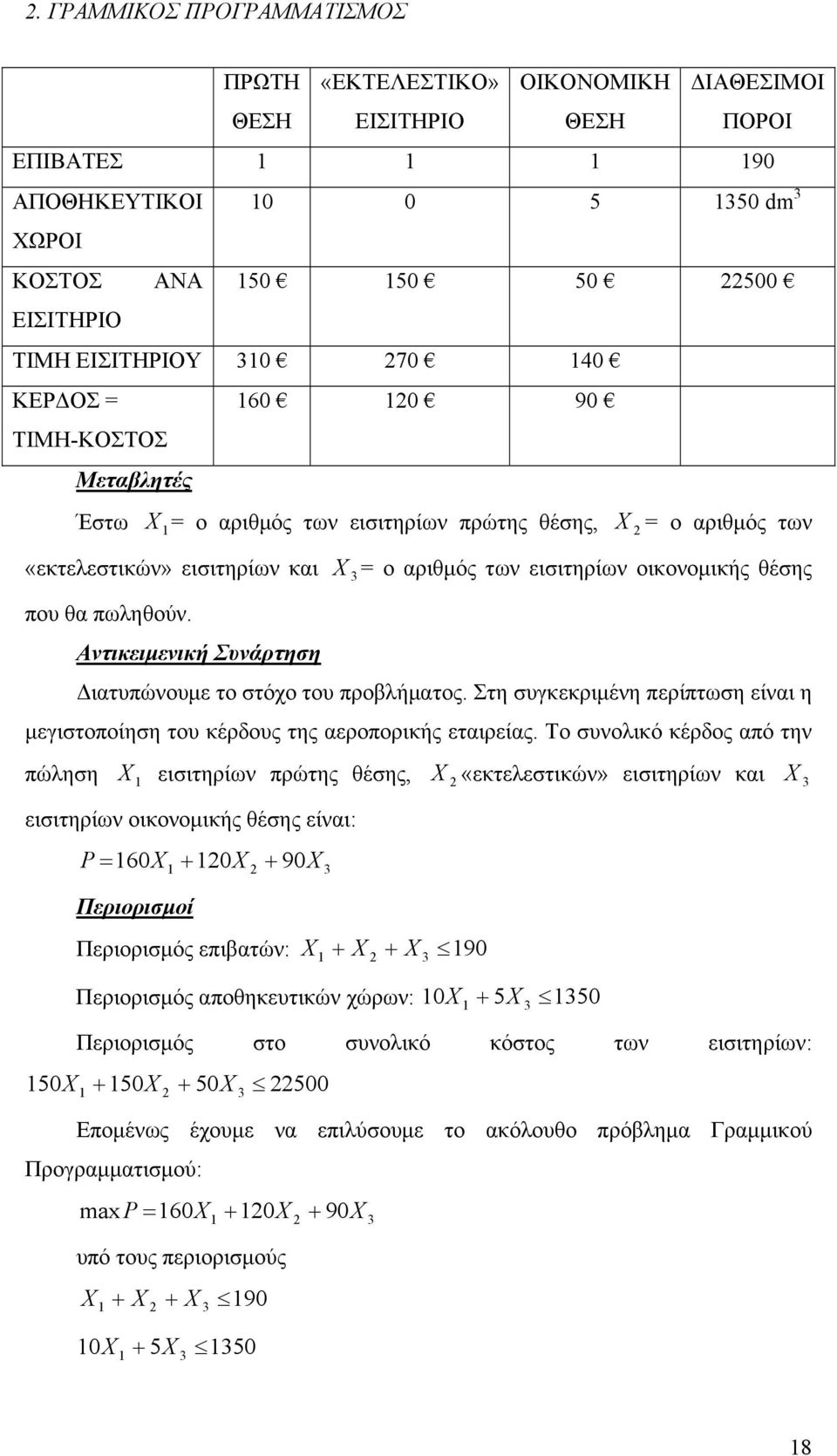 Αντικειμενική Συνάρτηση Διατυπώνουμε το στόχο του προβλήματος. Στη συγκεκριμένη περίπτωση είναι η μεγιστοποίηση του κέρδους της αεροπορικής εταιρείας.