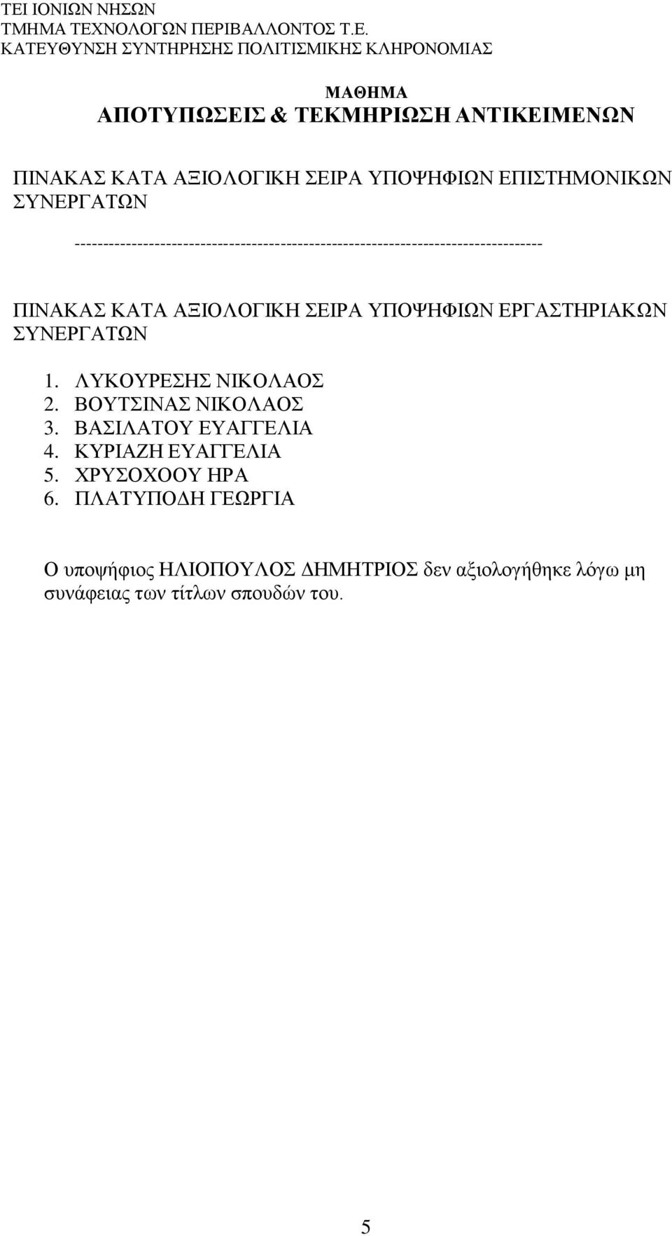 ΛΥΚΟΥΡΕΣΗΣ ΝΙΚΟΛΑΟΣ 2. ΒΟΥΤΣΙΝΑΣ ΝΙΚΟΛΑΟΣ 3. ΒΑΣΙΛΑΤΟΥ ΕΥΑΓΓΕΛΙΑ 4.