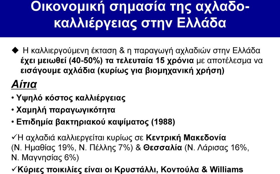καλλιέργειας Χαμηλή παραγωγικότητα Επιδημία βακτηριακού καψίματος (1988) Η αχλαδιά καλλιεργείται κυρίως σε Κεντρική Μακεδονία