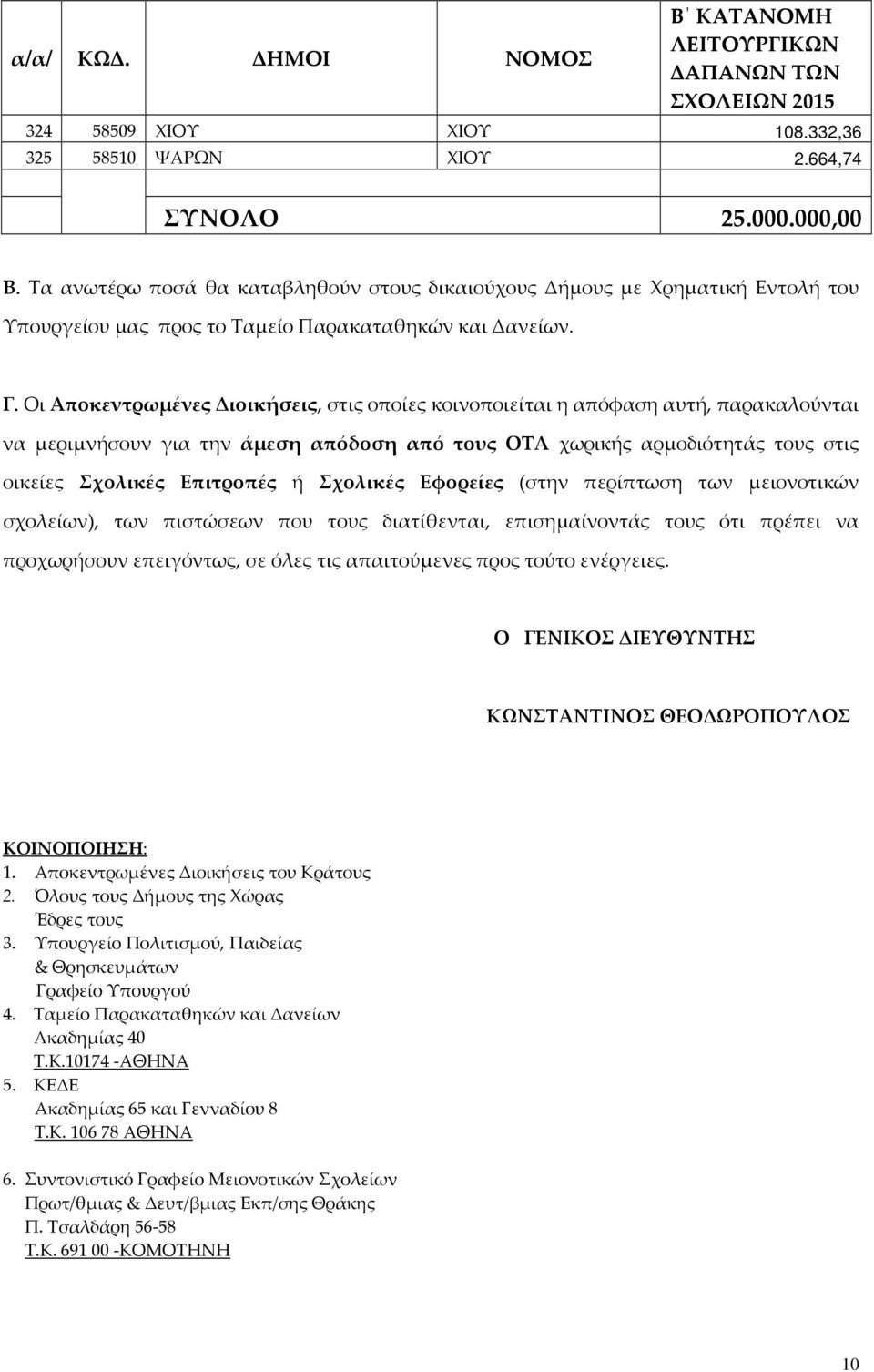 Οι Αποκεντρωμένες Διοικήσεις, στις οποίες κοινοποιείται η απόφαση αυτή, παρακαλούνται να μεριμνήσουν για την άμεση απόδοση από τους ΟΤΑ χωρικής αρμοδιότητάς τους στις οικείες Σχολικές Επιτροπές ή