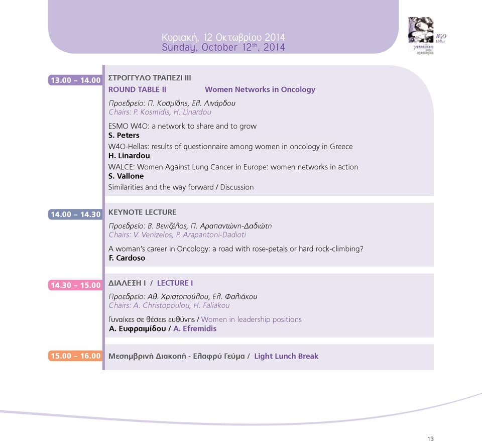 Linardou WALCE: Women Against Lung Cancer in Europe: women networks in action S. Vallone Similarities and the way forward / Discussion 14.00 14.30 Keynote Lecture Προεδρείο: Β. Βενιζέλος, Π.