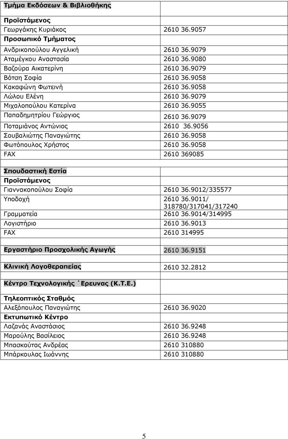 9058 Φωτόπουλος Χρήστος 2610 36.9058 FAX 2610 369085 Σπουδαστική Εστία Γιαννακοπούλου Σοφία 2610 36.9012/335577 Υποδοχή 2610 36.9011/ 318780/317041/317240 Γραμματεία 2610 36.