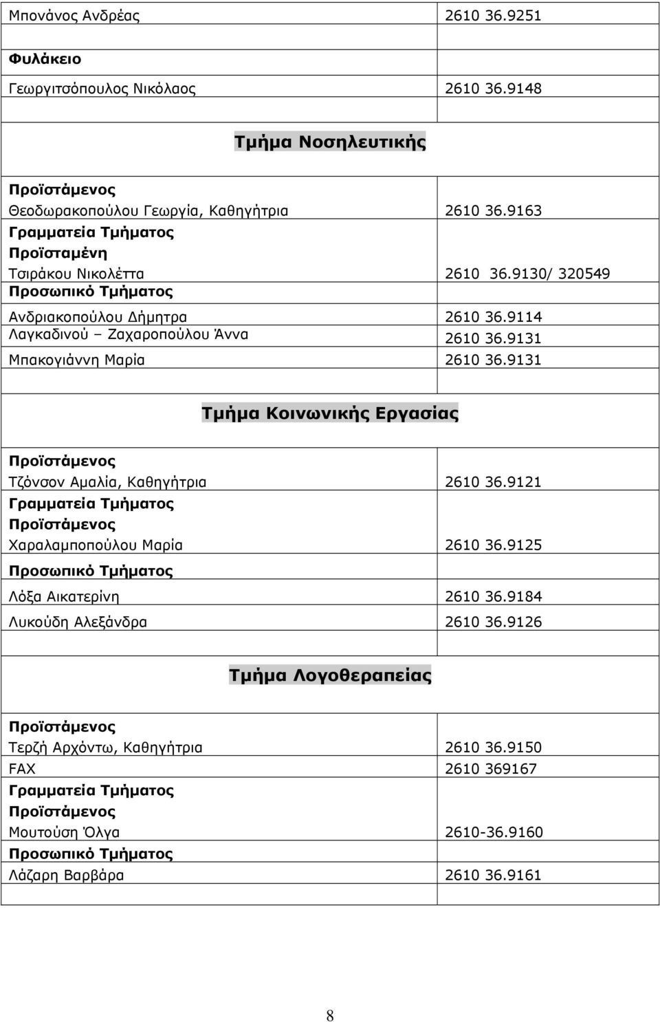 9131 Μπακογιάννη Μαρία 2610 36.9131 Τμήμα Κοινωνικής Εργασίας Τζόνσον Αμαλία, Καθηγήτρια 2610 36.9121 Χαραλαμποπούλου Μαρία 2610 36.