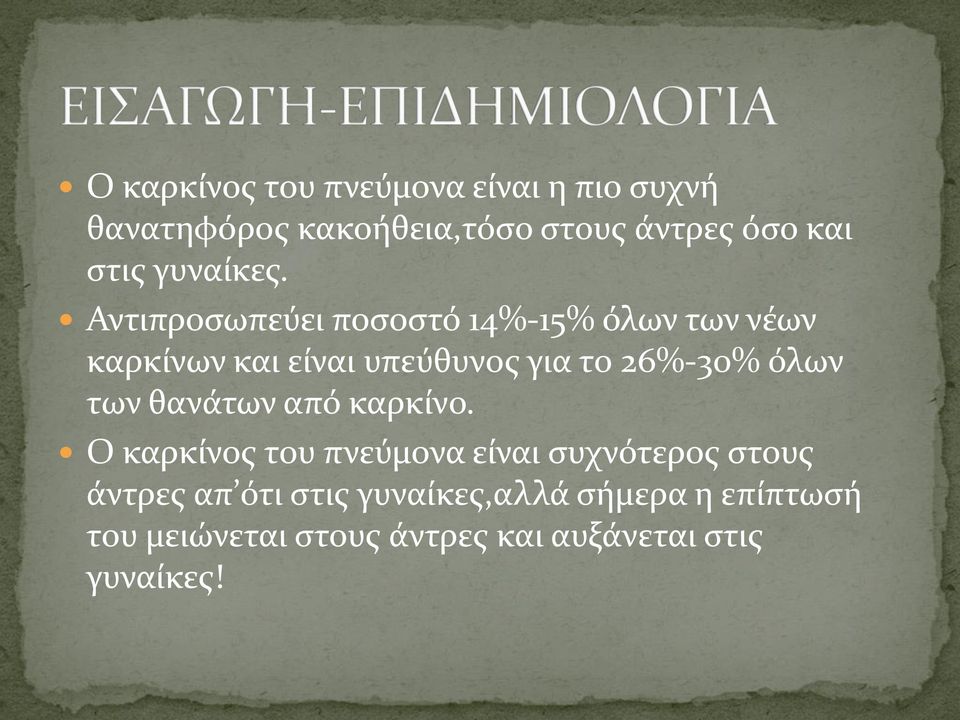 Αντιπροσωπεύει ποσοστό 14%-15% όλων των νέων καρκίνων και είναι υπεύθυνος για το 26%-30% όλων