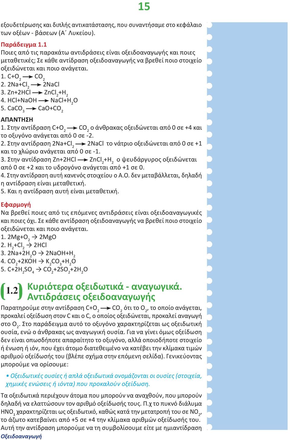 2Na+Cl 2 2NaCl 3. Zn+2HCl ZnCl 2 +H 2 4. HCl+NaOH NaCl+H 2 O 5. CaCO 3 CaO+CO 2 ΑΠΑ ΤΗ Η 1. Στην αντίδραση C+O 2 CO 2 ο άνθρακας οξειδώνεται από 0 σε +4 και το οξυγόνο ανάγεται από 0 σε -2. 2. Στην αντίδραση 2Na+Cl 2 2NaCl το νάτριο οξειδώνεται από 0 σε +1 και το χλώριο ανάγεται από 0 σε -1.