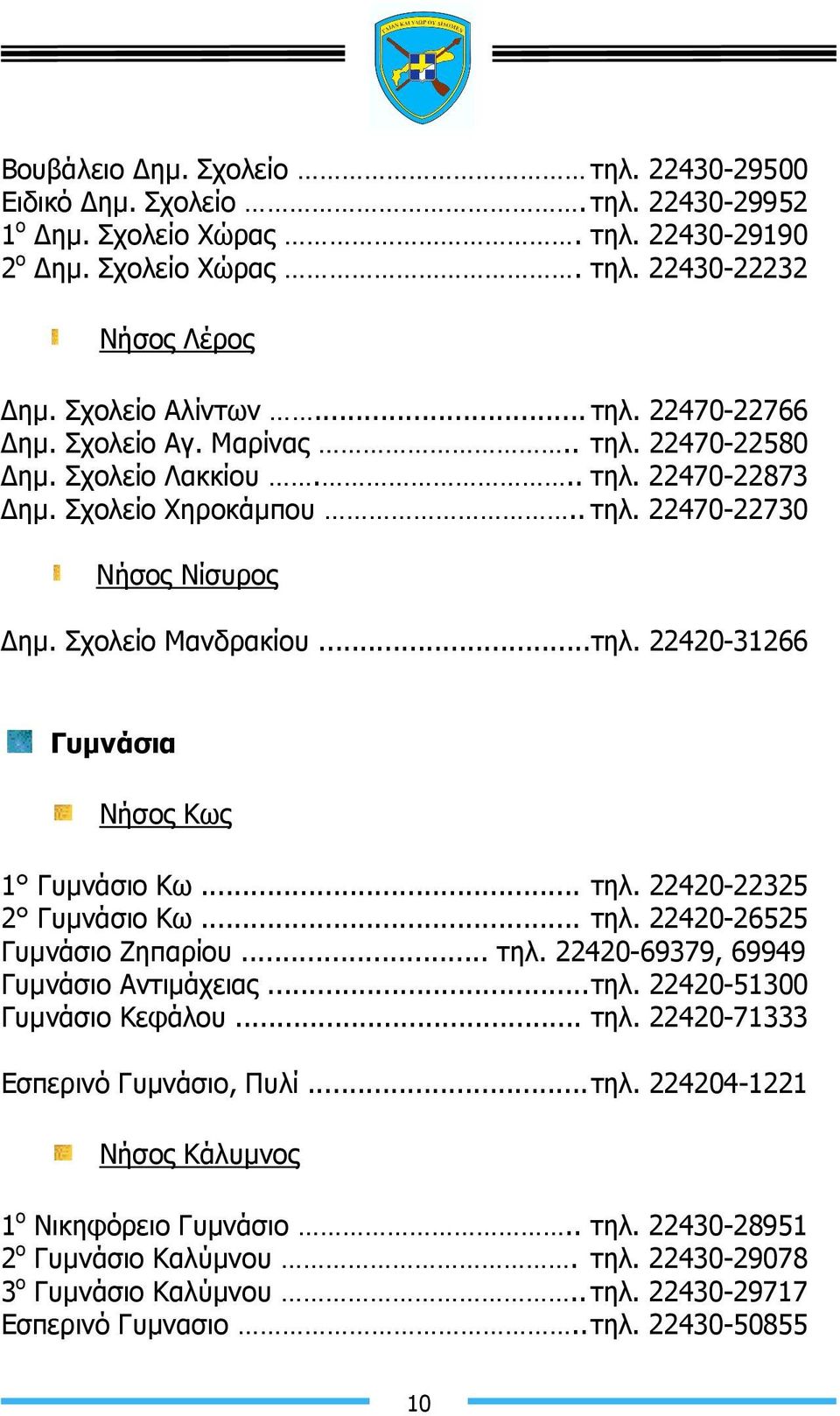 .. τηλ. 22420-22325 2 Γυµνάσιο Κω... τηλ. 22420-26525 Γυµνάσιο Ζηπαρίου... τηλ. 22420-69379, 69949 Γυµνάσιο Αντιµάχειας... τηλ. 22420-51300 Γυµνάσιο Κεφάλου... τηλ. 22420-71333 Εσπερινό Γυµνάσιο, Πυλί.