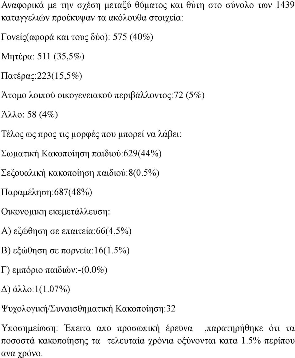 κακοποίηση παιδιού:8(0.5%) Παραμέληση:687(48%) Οικονομικη εκεμετάλλευση: Α) εξώθηση σε επαιτεία:66(4.5%) Β) εξώθηση σε πορνεία:16(1.5%) Γ) εμπόριο παιδιών:-(0.0%) Δ) άλλο:1(1.