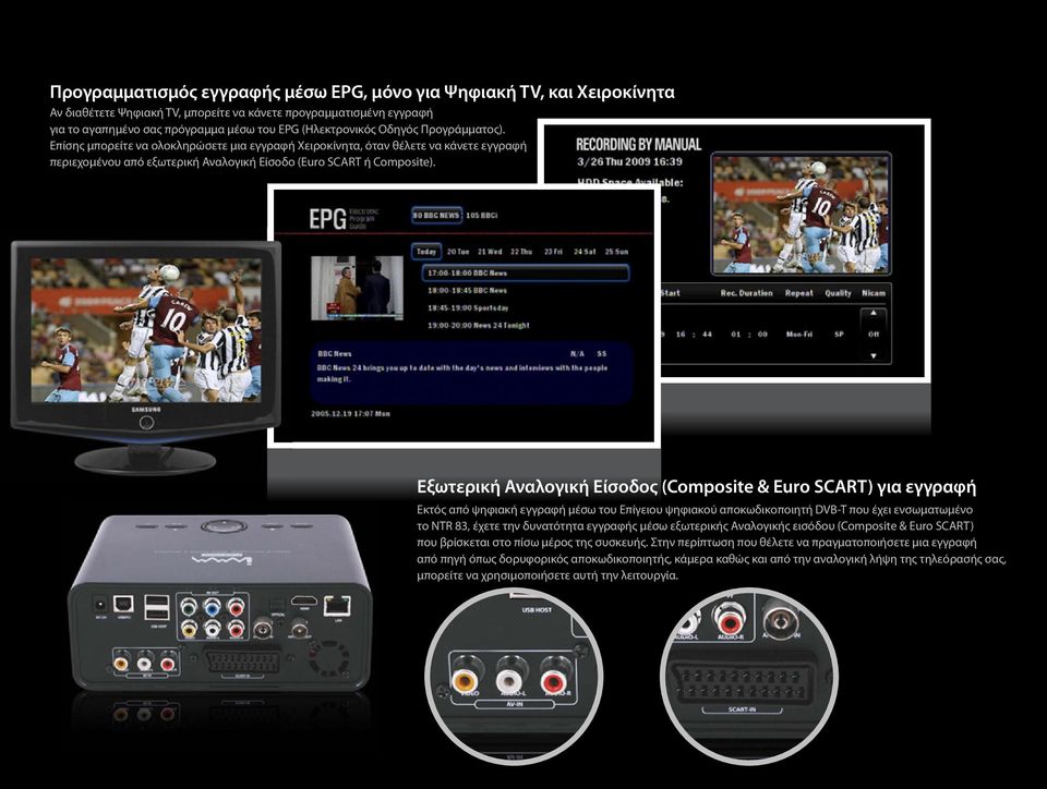 Εξωτερική Αναλογική Είσοδος (Composite & Euro SCART) για εγγραφή Εκτός από ψηφιακή εγγραφή μέσω του Επίγειου ψηφιακού αποκωδικοποιητή DVB-T που έχει ενσωματωμένο το NTR 83, έχετε την δυνατότητα