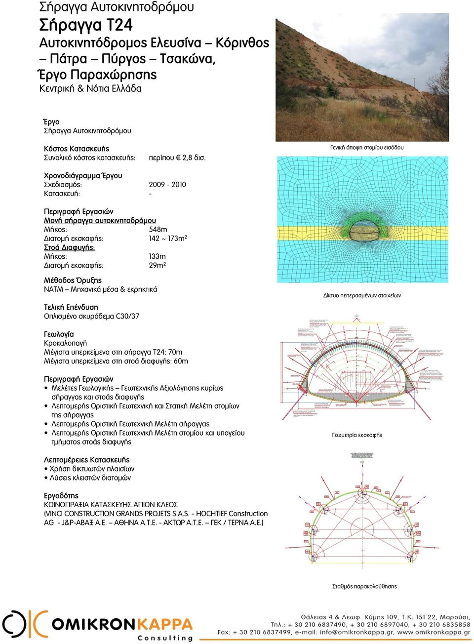 Μηχανικά μέσα & εκρηκτικά Οπλισμένο σκυρόδεμα C30/37 Δίκτυο πεπερασμένων στοιχείων Κροκαλοπαγή Μέγιστα υπερκείμενα στη σήραγγα T24: 70m Μέγιστα υπερκείμενα στη στοά διαφυγής: 60m Μελέτες Γεωλογικής