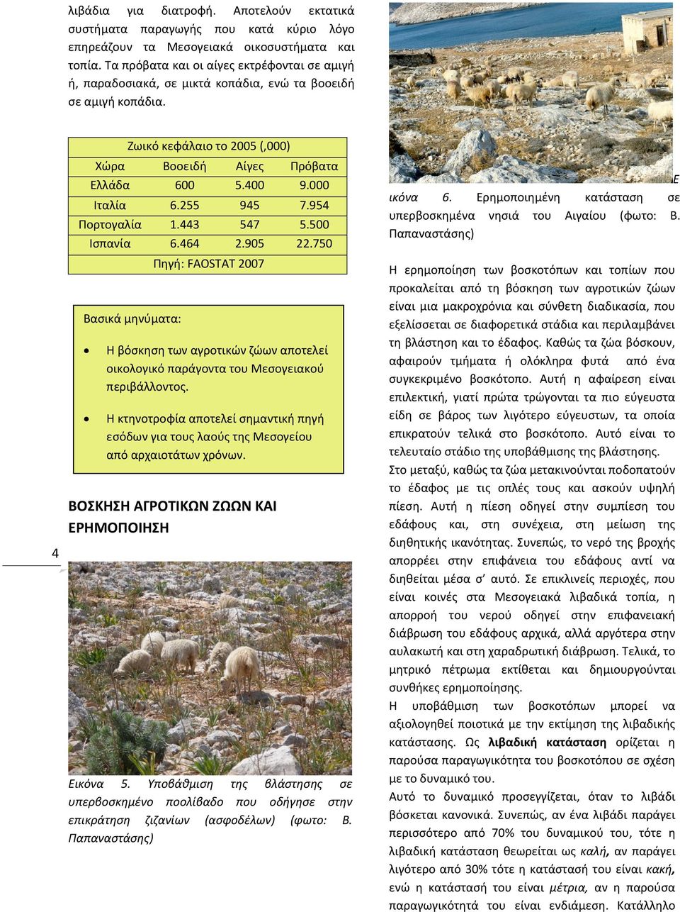 000 Ιταλία 6.255 945 7.954 Πορτογαλία 1.443 547 5.500 Ισπανία 6.464 2.905 22.750 Πηγή: FAOSTAT 2007 Η βόσκηση των αγροτικών ζώων αποτελεί οικολογικό παράγοντα του Μεσογειακού περιβάλλοντος.