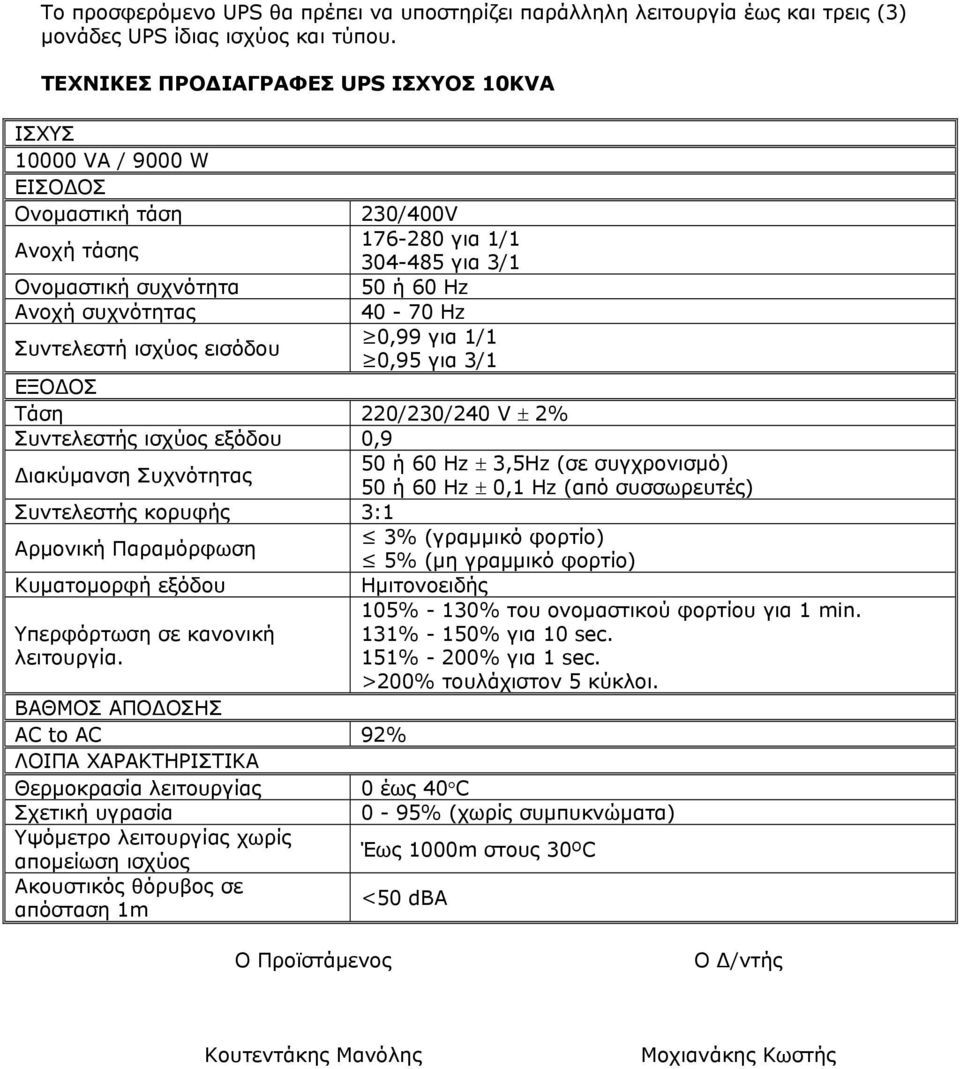 Συντελεστή ισχύος εισόδου 0,99 για 1/1 0,95 για 3/1 ΕΞΟΔΟΣ Τάση 220/230/240 V 2% Συντελεστής ισχύος εξόδου 0,9 Διακύμανση Συχνότητας 50 ή 60 Hz 3,5Hz (σε συγχρονισμό) 50 ή 60 Hz 0,1 Hz (από