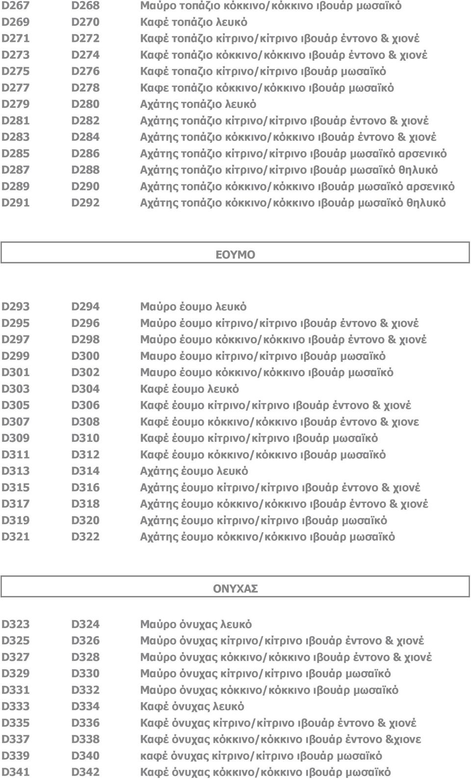 & χιονέ D283 D284 Αχάτης τοπάζιο κόκκινο/κόκκινο ιβουάρ έντονο & χιονέ D285 D286 Αχάτης τοπάζιο κίτρινο/κίτρινο ιβουάρ μωσαϊκό αρσενικό D287 D288 Αχάτης τοπάζιο κίτρινο/κίτρινο ιβουάρ μωσαϊκό θηλυκό