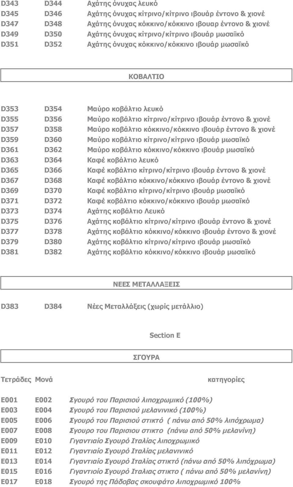 κόκκινο/κόκκινο ιβουάρ έντονο & χιονέ D359 D360 Μαύρο κοβάλτιο κίτρινο/κίτρινο ιβουάρ μωσαϊκό D361 D362 Μαύρο κοβάλτιο κόκκινο/κόκκινο ιβουάρ μωσαϊκό D363 D364 Καφέ κοβάλτιο λευκό D365 D366 Καφέ