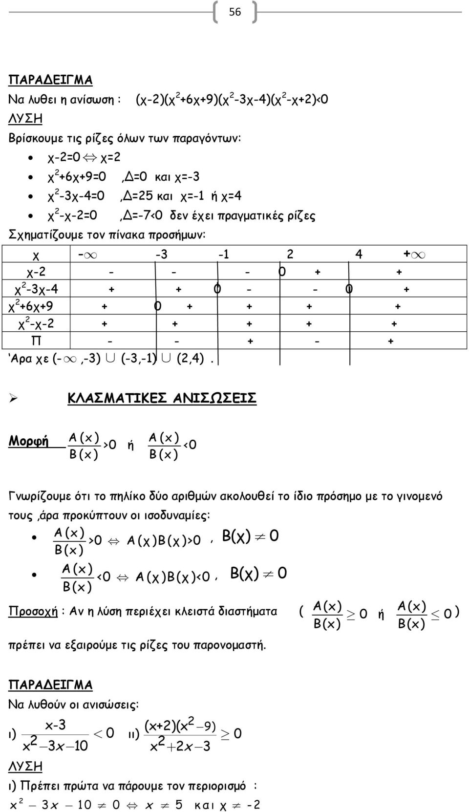 ΚΛΑΣΜΑΤΙΚΕΣ ΑΝΙΣΩΣΕΙΣ Μορφή A() A() >0 ή <0 Γνωρίζουμε ότι το πηλίκο δύο αριθμών ακολουθεί το ίδιο πρόσημο με το γινομενό τους,άρα προκύπτουν οι ισοδυναμίες: A() >0 Α(χ)Β(χ)>0, Β(χ) 0 A() <0