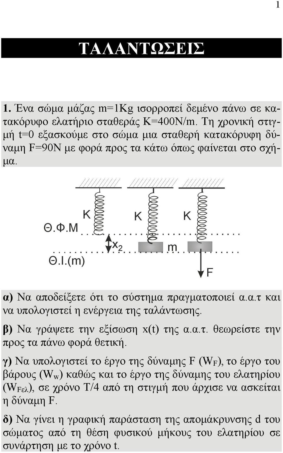 (m) x 2 m F α) Να αποδείξετε ότι το σύστημα πραγματοποιεί α.α.τ και να υπολογιστεί η ενέργεια της ταλάντωσης. β) Να γράψετε την εξίσωση x(t) της α.α.τ. θεωρείστε την προς τα πάνω φορά θετική.