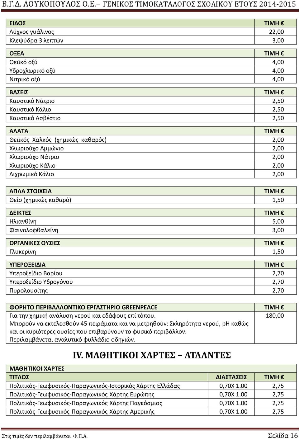 Φαινολοφθαλεΐνη 3,00 ΟΡΓΑΝΙΚΕΣ ΟΥΣΙΕΣ ΤΙΜΗ Γλυκερίνη 1,50 ΥΠΕΡΟΞΕΙΔΙΑ ΤΙΜΗ Υπεροξείδιο Βαρίου 2,70 Υπεροξείδιο Υδρογόνου 2,70 Πυρολουσίτης 2,70 ΦΟΡΗΤΟ ΠΕΡΙΒΑΛΛΟΝΤΙΚΟ ΕΡΓΑΣΤΗΡΙΟ GREENPEACE ΤΙΜΗ Για
