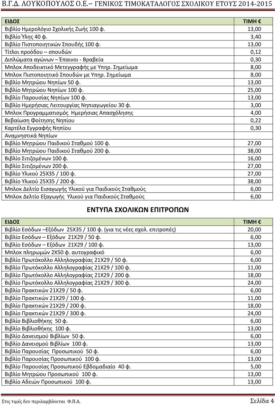 Σημείωμα 8,00 Βιβλίο Μητρώου Νηπίων 50 φ. 13,00 Βιβλίο Μητρώου Νηπίων 100 φ. 25,00 Βιβλίο Παρουσίας Νηπίων 100 φ. 13,00 Βιβλίο Ημερήσιας Λειτουργίας Νηπιαγωγείου 30 φ.
