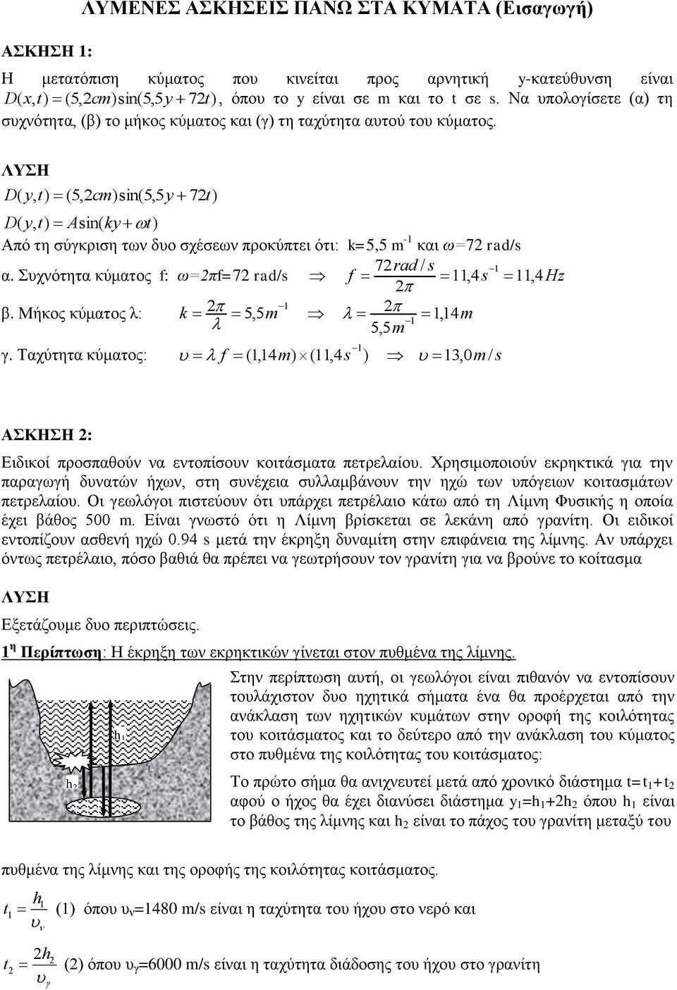 D(, (5,cm)in(5,5 7 D(, Ain( k Από τη σύγκριση των δυο σχέσεων προκύπτει ότι: k=5,5 m - και ω=7 rad/ 7rad / α. Συχνότητα κύματος f: ω=πf=7 rad/ f,4, 4Hz β. Μήκος κύματος λ: k 5,5 m, 4m 5,5 m γ.