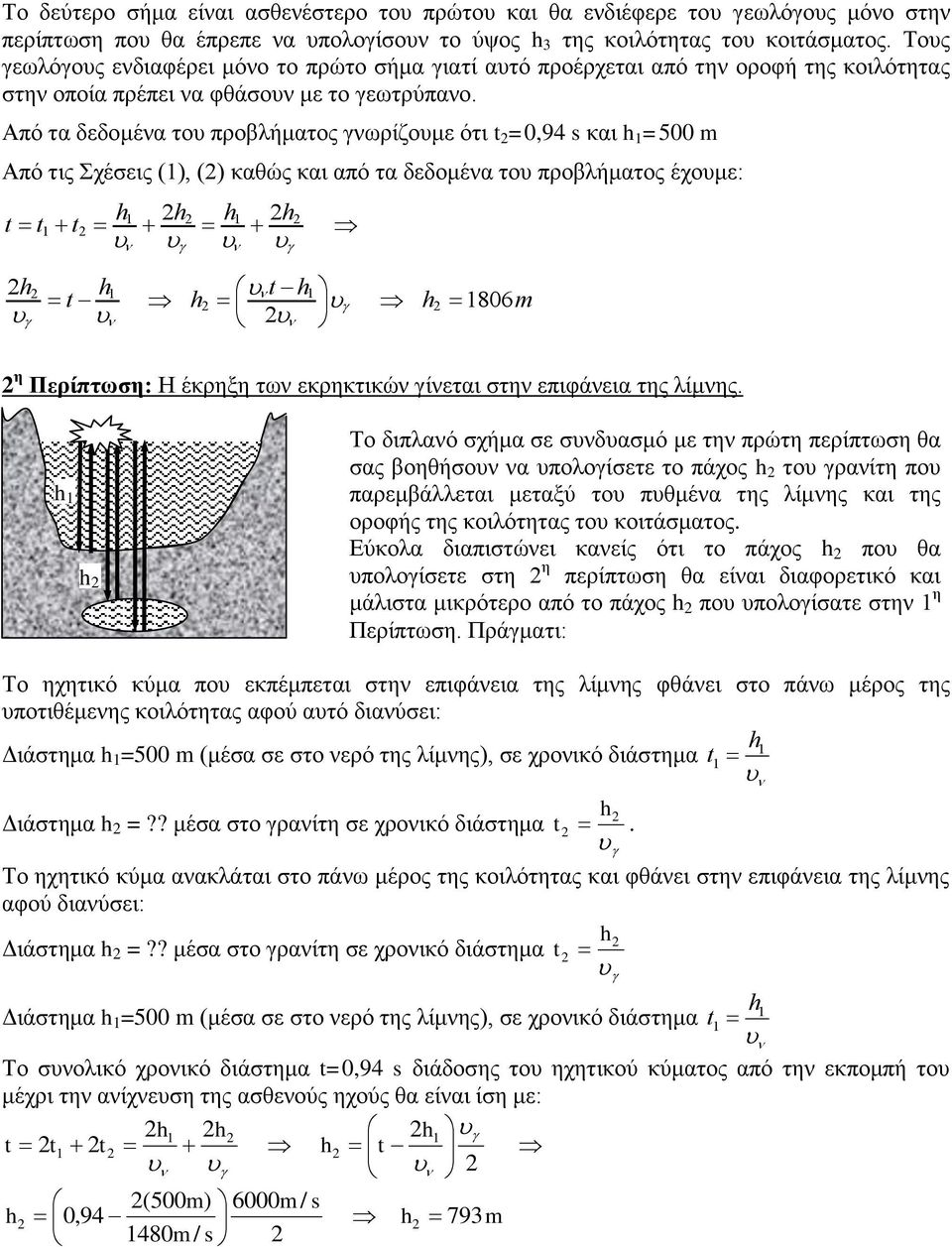 Από τα δεδομένα του προβλήματος γνωρίζουμε ότι =,94 και h =5 m Από τις Σχέσεις (), () καθώς και από τα δεδομένα του προβλήματος έχουμε: h h h h h h h h h 86m η Περίπτωση: Η έκρηξη των εκρηκτικών