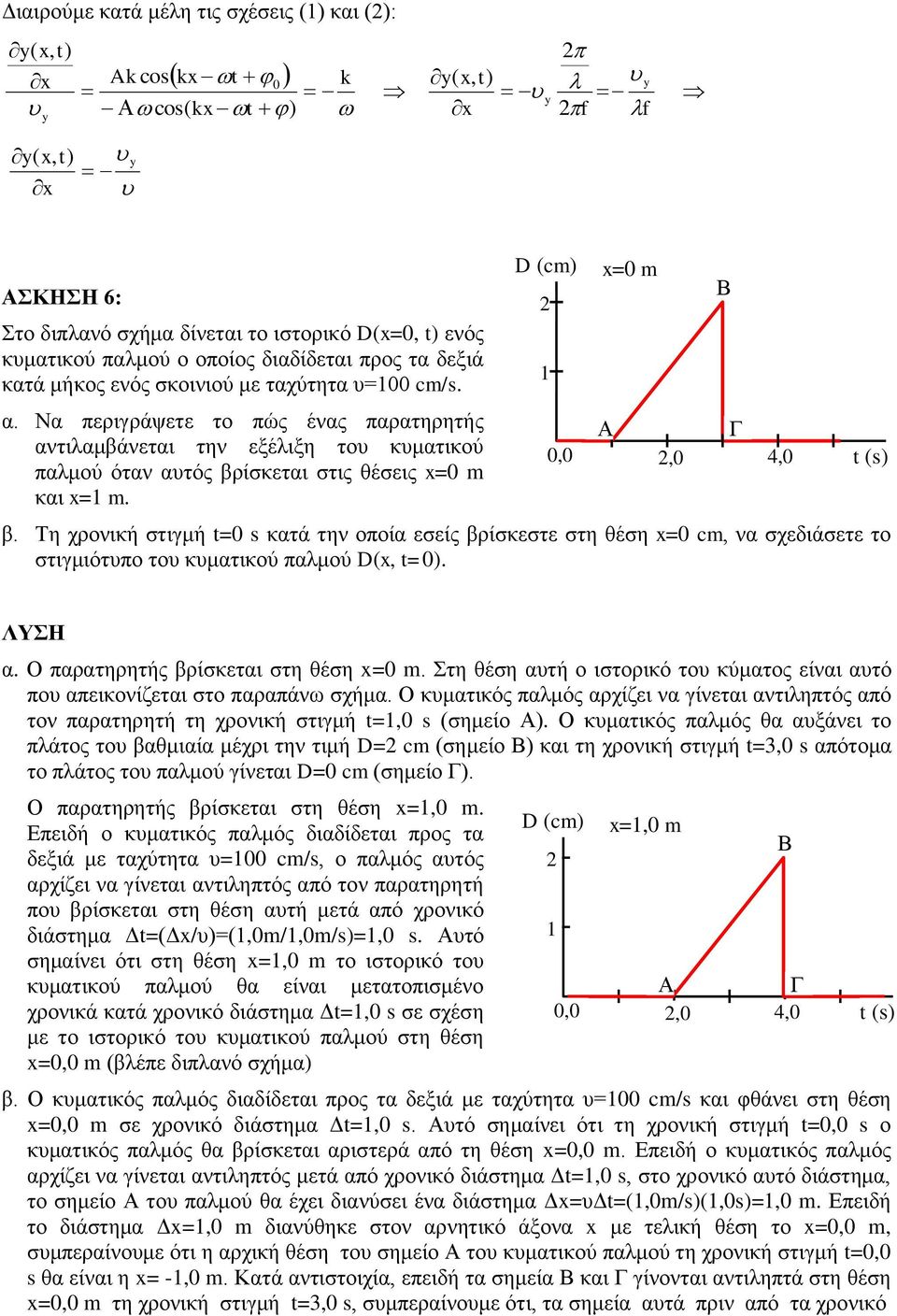 Τη χρονική στιγμή = κατά την οποία εσείς βρίσκεστε στη θέση = cm, να σχεδιάσετε το στιγμιότυπο του κυματικού παλμού D( =). = m Β Α Γ,, 4, () α. Ο παρατηρητής βρίσκεται στη θέση = m.