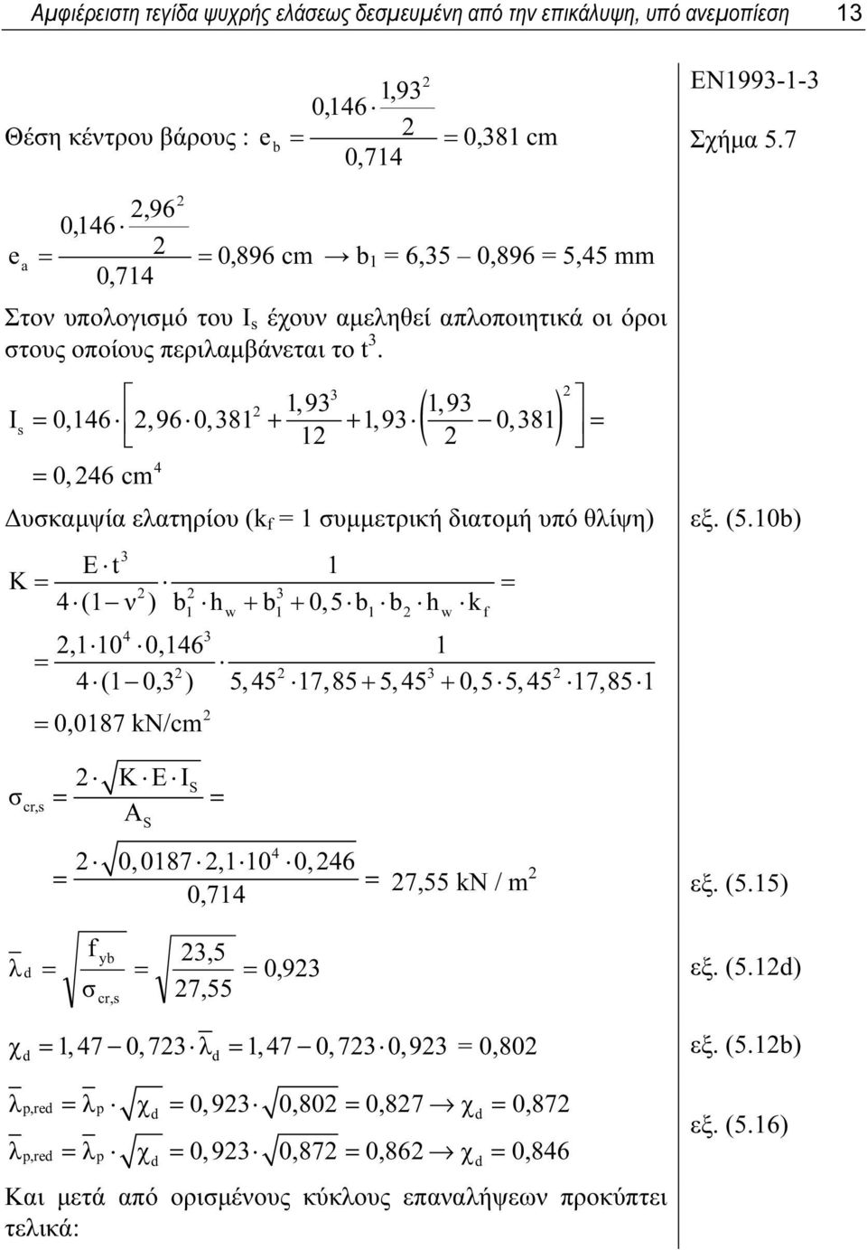 ( ) = + + = = 0,6 cm 3, 93, 93 Is 0,6,96 0,38,93 0,38 Δυσκαμψία ελατηρίου (k f = συμμετρική διατομή υπό θλίψη) 3 Ε t K = = ( 3 ν) b h w + b + 0,5b b h w k f 3, 0 0,6 = 3 ( 0,3 ) 5,5 7,85 + 5,5 + 0,5