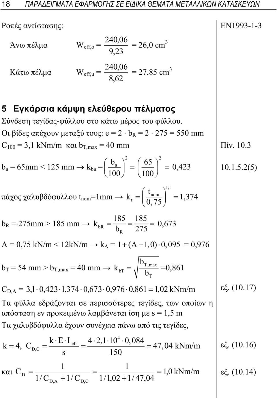 = 550 mm C 00 = 3, knm/m και b T,max = 0 mm Πίν. 0.3 ba b a = 65mm < 5 mm k ba = = 00 65 00 = 0,3 0..5.(5) πάχος χαλυβδόφυλλου t nom =mm k t, t nom = = 0,75,37 85 85 b R = 75mm > 85 mm kbr = = =