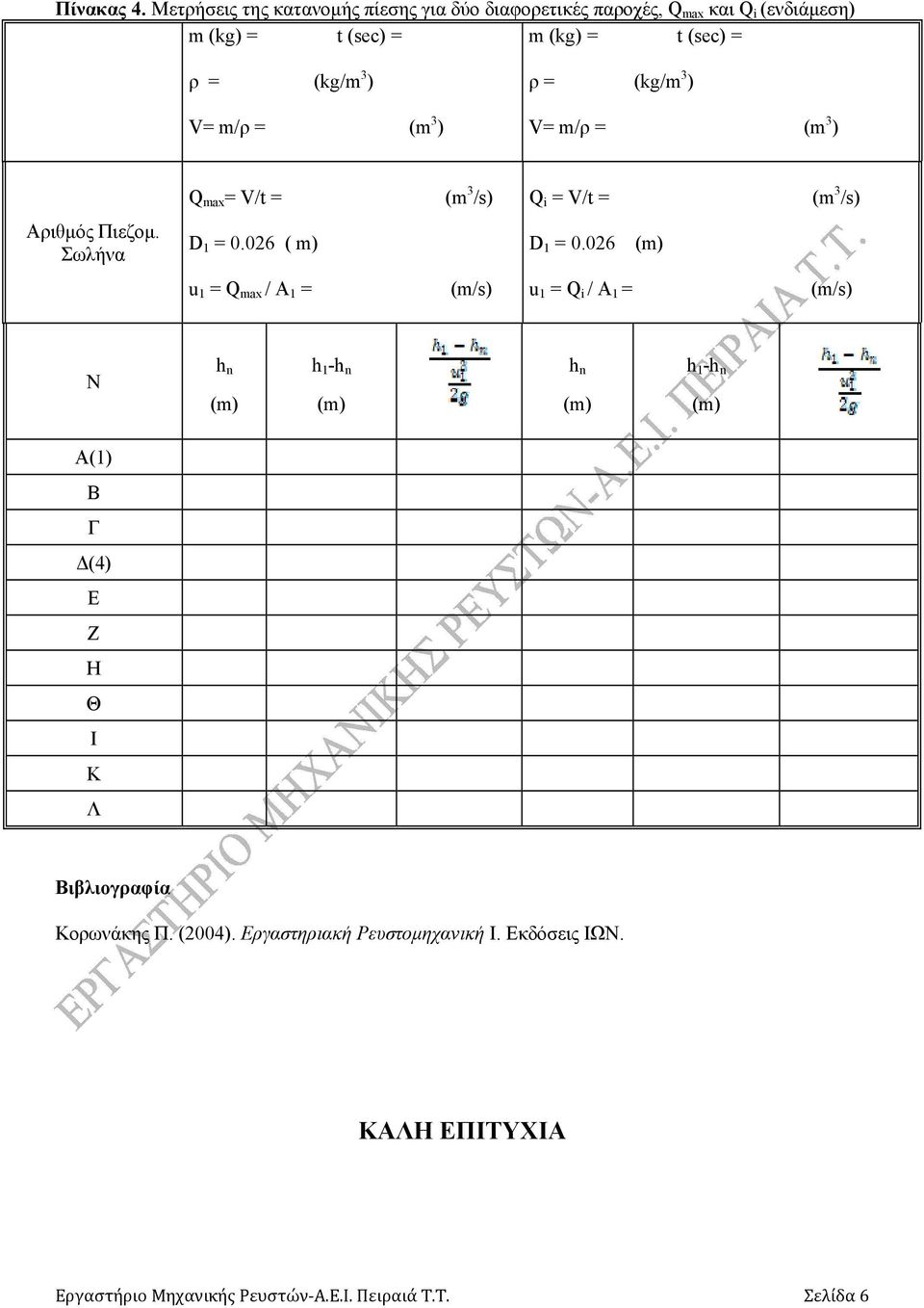 = (kg/m 3 ) V= m/ρ = (m 3 ) ρ = (kg/m 3 ) V= m/ρ = (m 3 ) Q max = V/t = (m 3 /s) Q i = V/t = (m 3 /s) Αριθμός Πιεζομ.