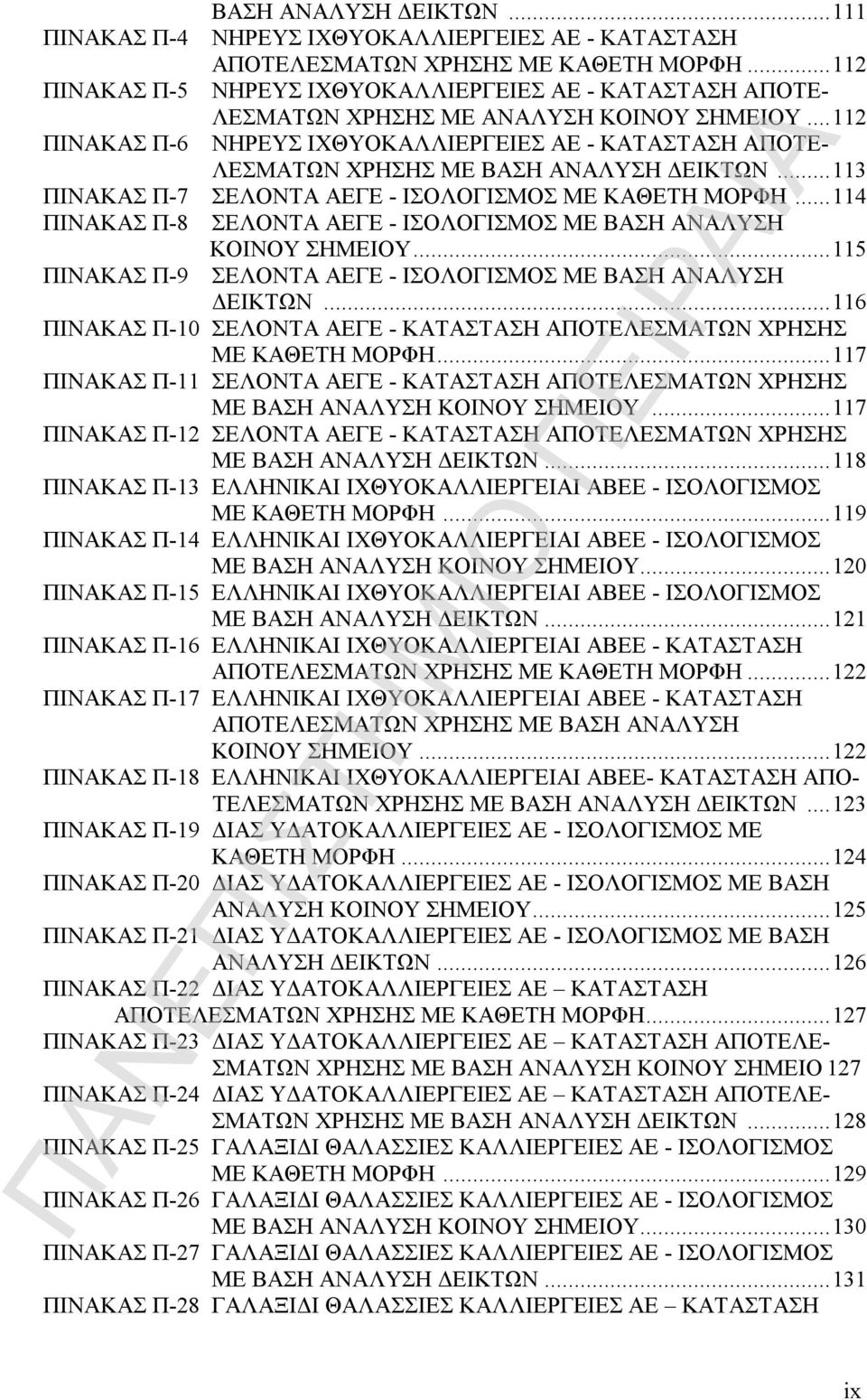 .. 112 ΠΙΝΑΚΑΣ Π-6 ΝΗΡΕΥΣ ΙΧΘΥΟΚΑΛΛΙΕΡΓΕΙΕΣ ΑΕ - ΚΑΤΑΣΤΑΣΗ ΑΠΟΤΕ- ΛΕΣΜΑΤΩΝ ΧΡΗΣΗΣ ΜΕ ΒΑΣΗ ΑΝΑΛΥΣΗ ΔΕΙΚΤΩΝ... 113 ΠΙΝΑΚΑΣ Π-7 ΣΕΛΟΝΤΑ ΑΕΓΕ - ΙΣΟΛΟΓΙΣΜΟΣ ΜΕ ΚΑΘΕΤΗ ΜΟΡΦΗ.