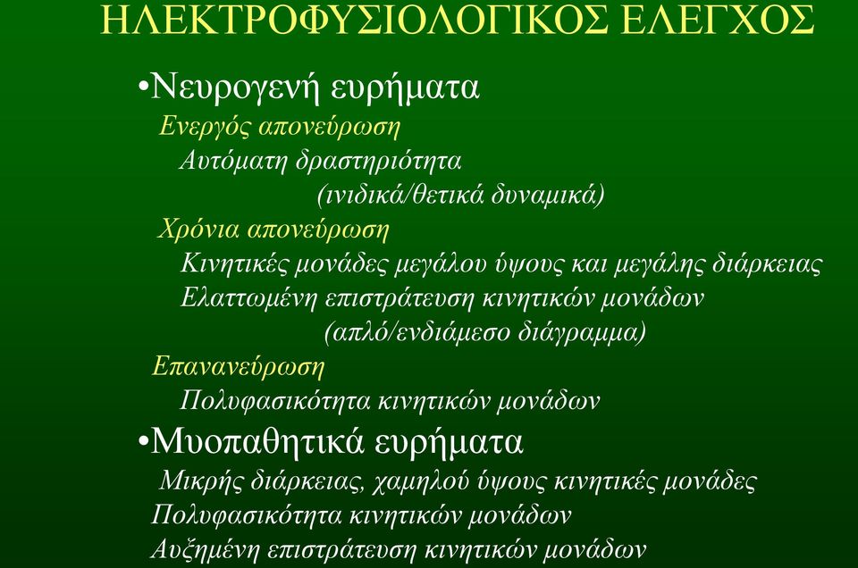 κινητικών μονάδων (απλό/ενδιάμεσο διάγραμμα) Επανανεύρωση Πολυφασικότητα κινητικών μονάδων Μυοπαθητικά ευρήματα