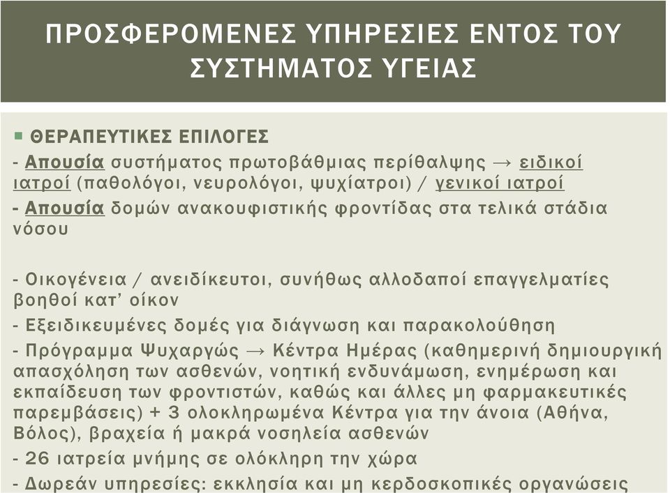 παρακολούθηση - Πρόγραμμα Ψυχαργώς Κέντρα Ημέρας (καθημερινή δημιουργική απασχόληση των ασθενών, νοητική ενδυνάμωση, ενημέρωση και εκπαίδευση των φροντιστών, καθώς και άλλες μη φαρμακευτικές