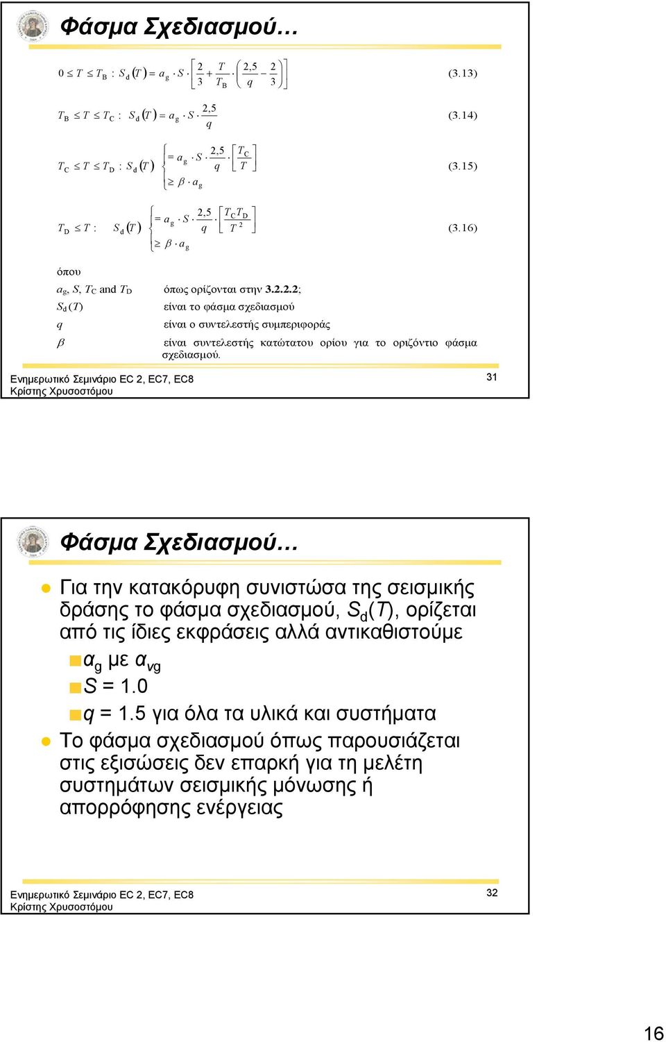 31 Φάσμα Σχεδιασμού Για την κατακόρυφη συνιστώσα της σεισμικής δράσης το φάσμα σχεδιασμού, S d (T), ορίζεται από τις ίδιες εκφράσεις αλλά αντικαθιστούμε α g με α vg S = 1.0 q = 1.