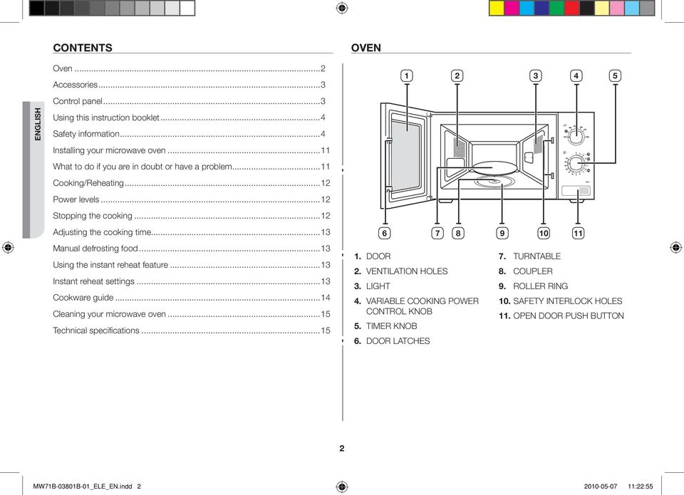 ..13 Using the instant reheat feature...13 Instant reheat settings...13 Cookware guide...14 Cleaning your microwave oven...15 Technical specifications...15 1. DOOR 2. VENTILATION HOLES 3.