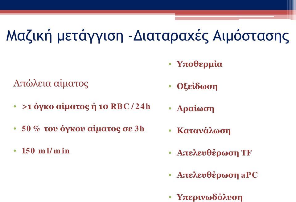 του όγκου αίματος σε 3h 150 ml/min Οξείδωση Αραίωση