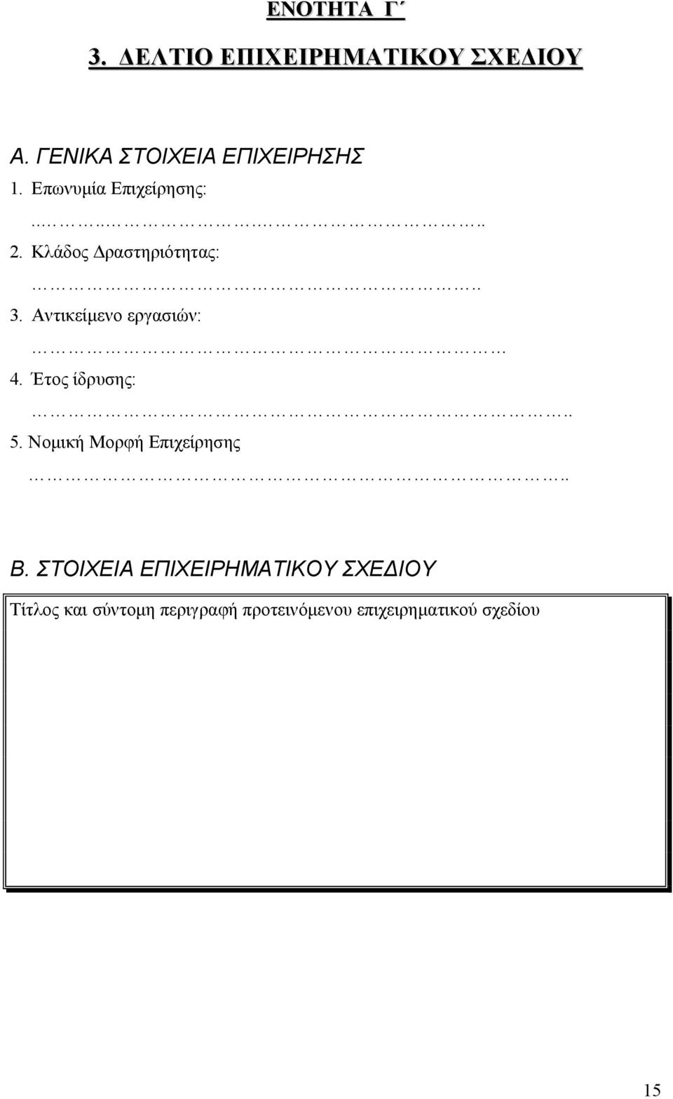 Αντικείμενο εργασιών: 4. Έτος ίδρυσης:.. 5. Νομική Μορφή Επιχείρησης.. Β.