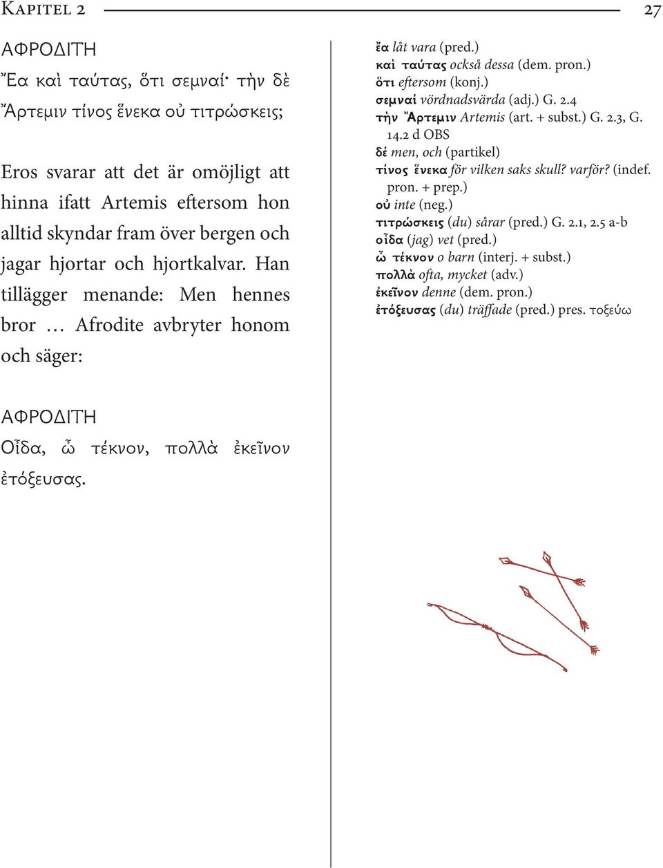 ) σεμναί vördnadsvärda (adj.) G. 2.4 τὴν Ἄρτεμιν Artemis (art. + subst.) G. 2.3, G. 14.2 d OBS δέ men, och (partikel) τίνος ἕνεκα för vilken saks skull? varför? (indef. pron. + prep.) οὐ inte (neg.