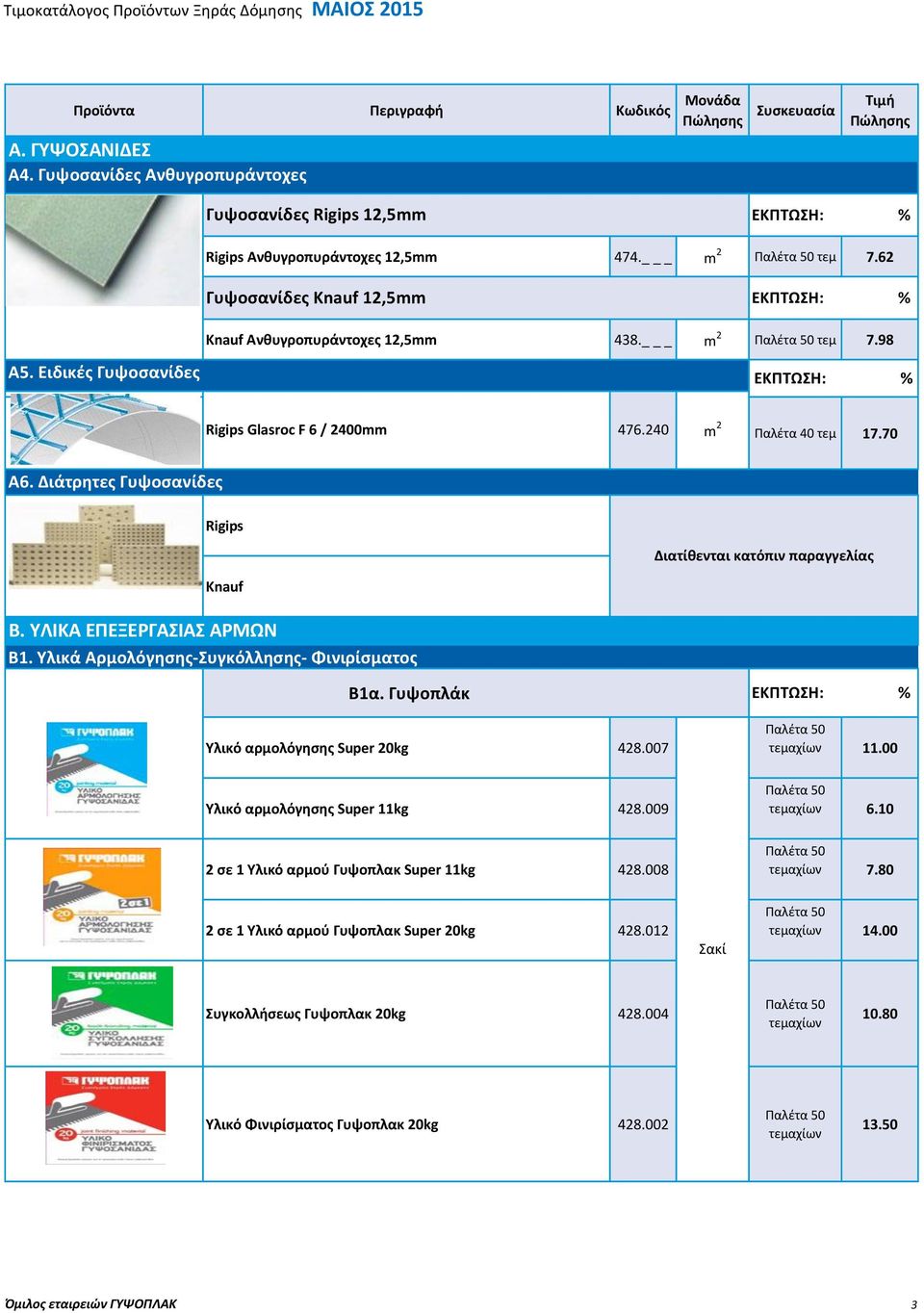 Υλικά Αρμολόγησης-Συγκόλλησης- Φινιρίσματος Β1α. Γυψοπλάκ Υλικό αρμολόγησης Super 0kg 48.007 Παλέτα 50 τεμαχίων 11.00 Υλικό αρμολόγησης Super 11kg 48.009 Παλέτα 50 τεμαχίων 6.