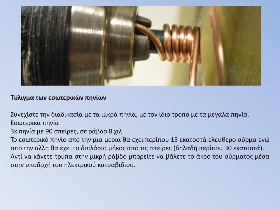 εκατοστά ελεύθερο σύρμα ενώ απο την άλλη θα έχει το διπλάσιο μήκος από τις σπείρες (δηλαδή περίπου 30 εκατοστά).