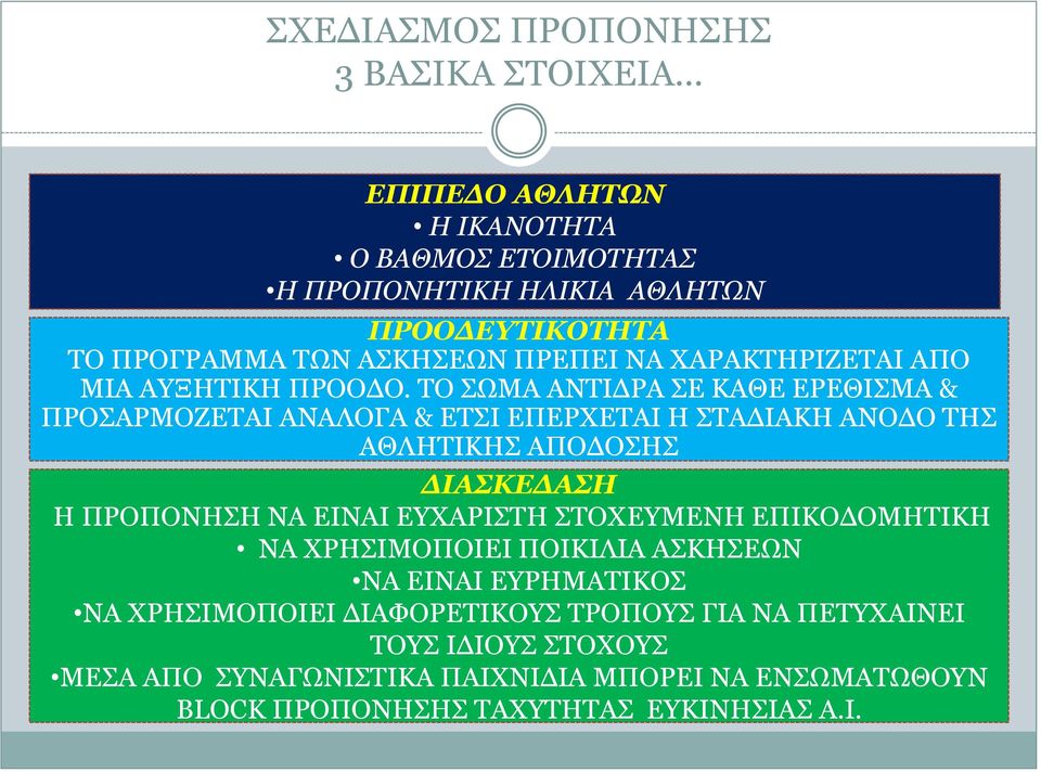 ΤΟ ΣΩΜΑ ΑΝΤΙΔΡΑ ΣΕ ΚΑΘΕ ΕΡΕΘΙΣΜΑ & ΠΡΟΣΑΡΜΟΖΕΤΑΙ ΑΝΑΛΟΓΑ & ΕΤΣΙ ΕΠΕΡΧΕΤΑΙ Η ΣΤΑΔΙΑΚΗ ΑΝΟΔΟ ΤΗΣ ΑΘΛΗΤΙΚΗΣ ΑΠΟΔΟΣΗΣ ΔΙΑΣΚΕΔΑΣΗ Η ΠΡΟΠΟΝΗΣΗ ΝΑ ΕΙΝΑΙ