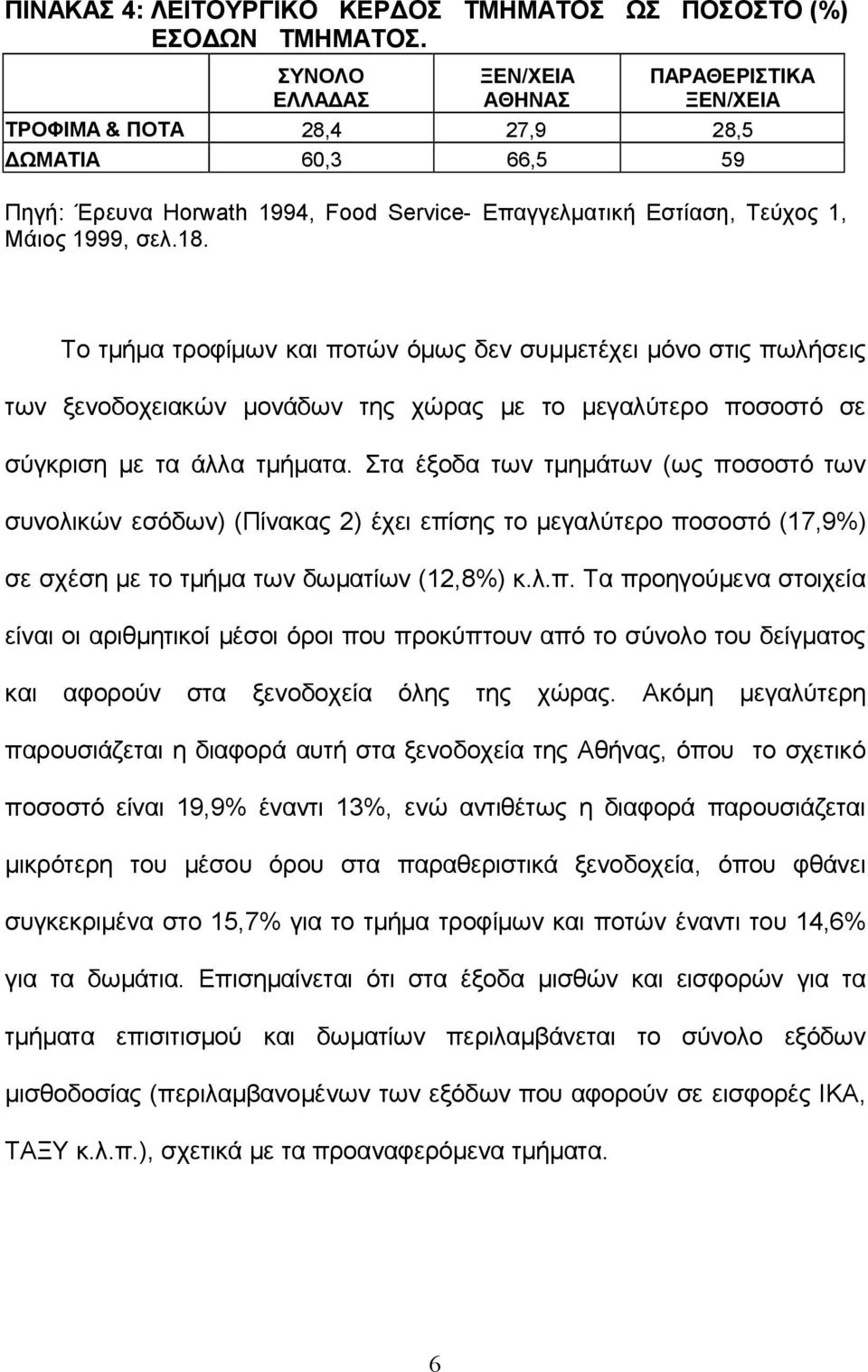 Το τμήμα τροφίμων και ποτών όμως δεν συμμετέχει μόνο στις πωλήσεις των ξενοδοχειακών μονάδων της χώρας με το μεγαλύτερο ποσοστό σε σύγκριση με τα άλλα τμήματα.