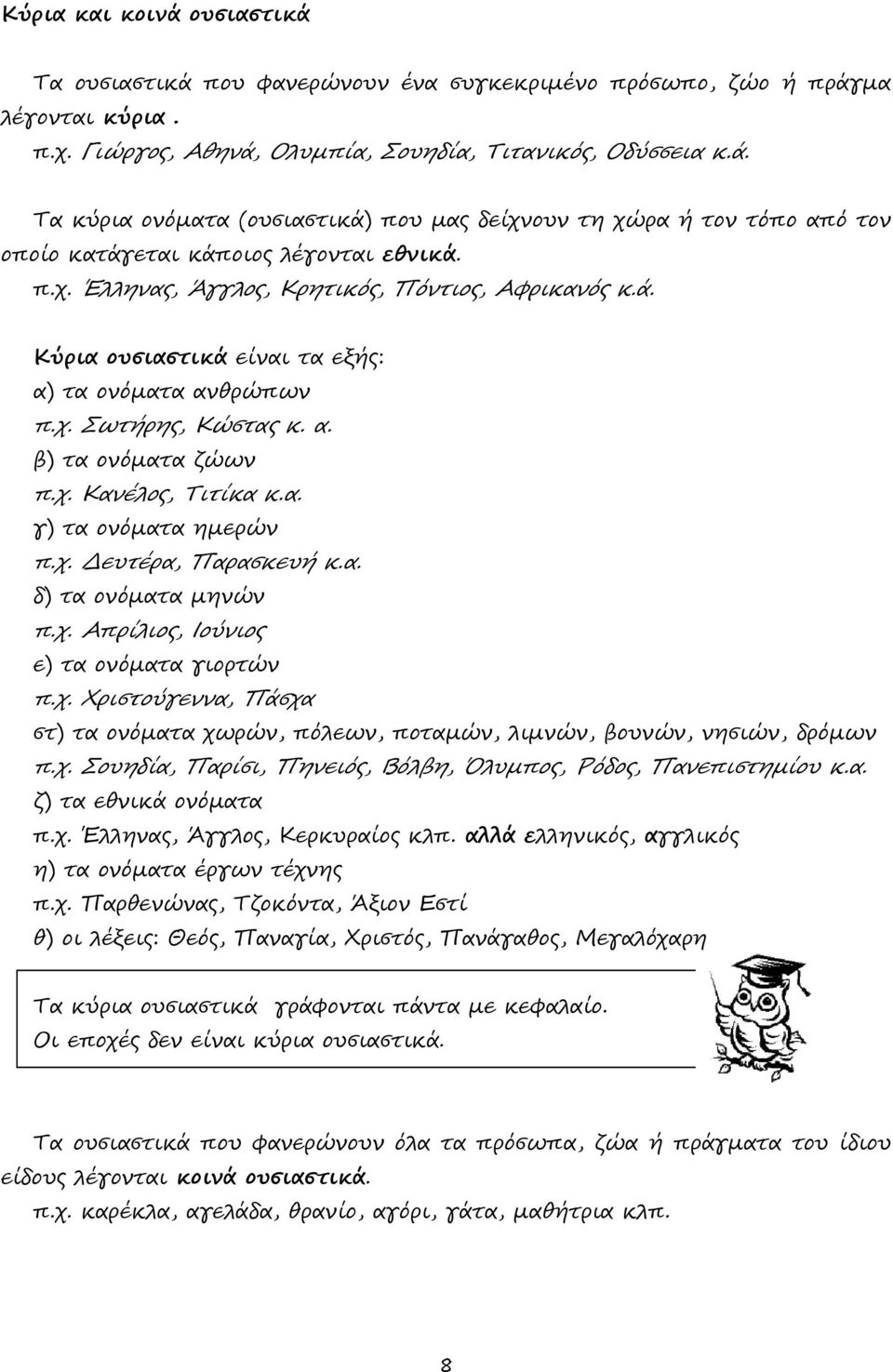 χ. Δευτέρα, Παρασκευή κ.α. δ) τα ονόματα μηνών π.χ. Απρίλιος, Ιούνιος ε) τα ονόματα γιορτών π.χ. Χριστούγεννα, Πάσχα στ) τα ονόματα χωρών, πόλεων, ποταμών, λιμνών, βουνών, νησιών, δρόμων π.χ. Σουηδία, Παρίσι, Πηνειός, Βόλβη, Όλυμπος, Ρόδος, Πανεπιστημίου κ.