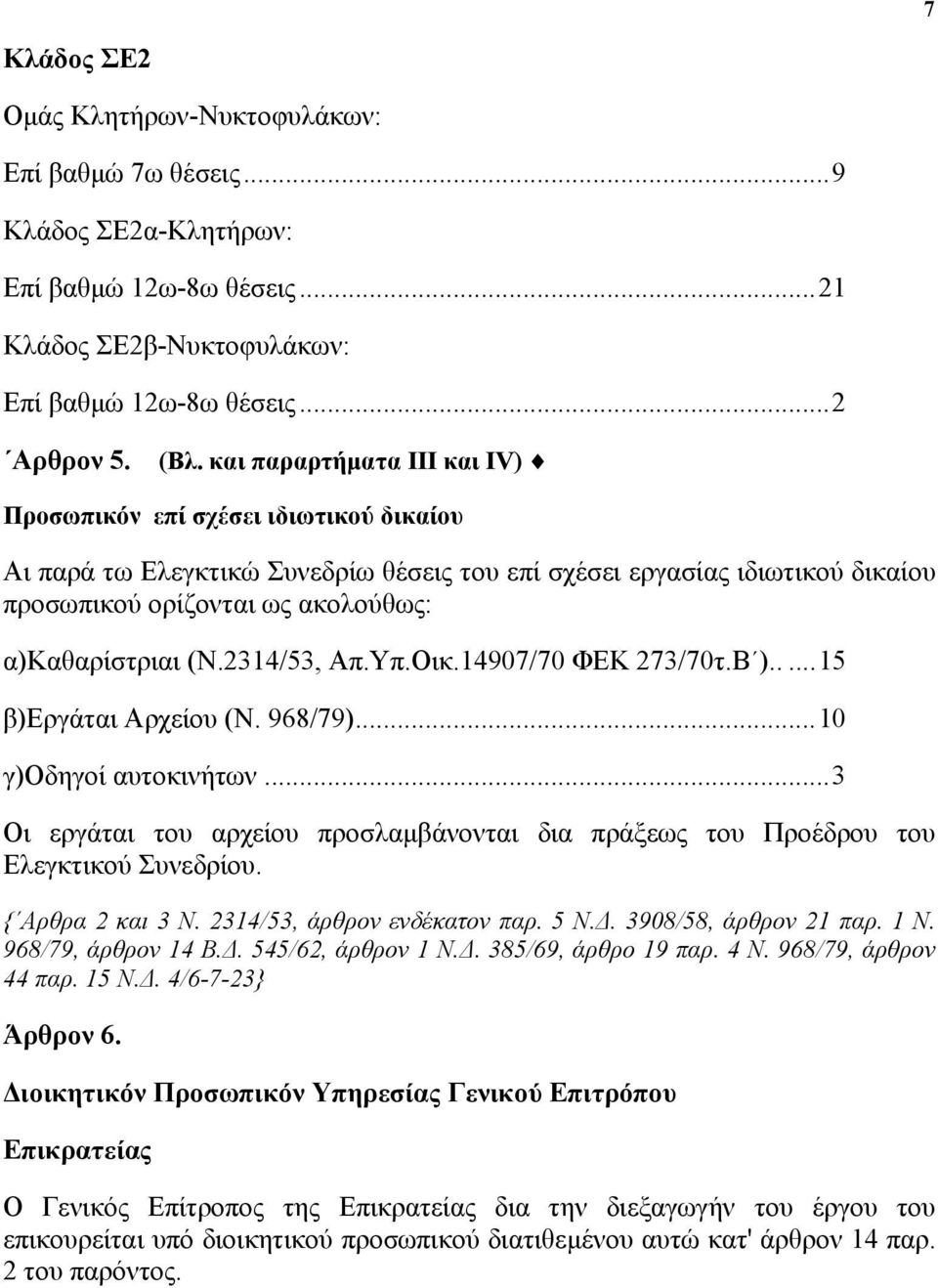 2314/53, Απ.Υπ.Οικ.14907/70 ΦEK 273/70τ.Β ).....15 β)εργάται Αρχείου (Ν. 968/79)...10 γ)οδηγοί αυτοκινήτων...3 Οι εργάται του αρχείου προσλαμβάνονται δια πράξεως του Προέδρου του Ελεγκτικού Συνεδρίου.