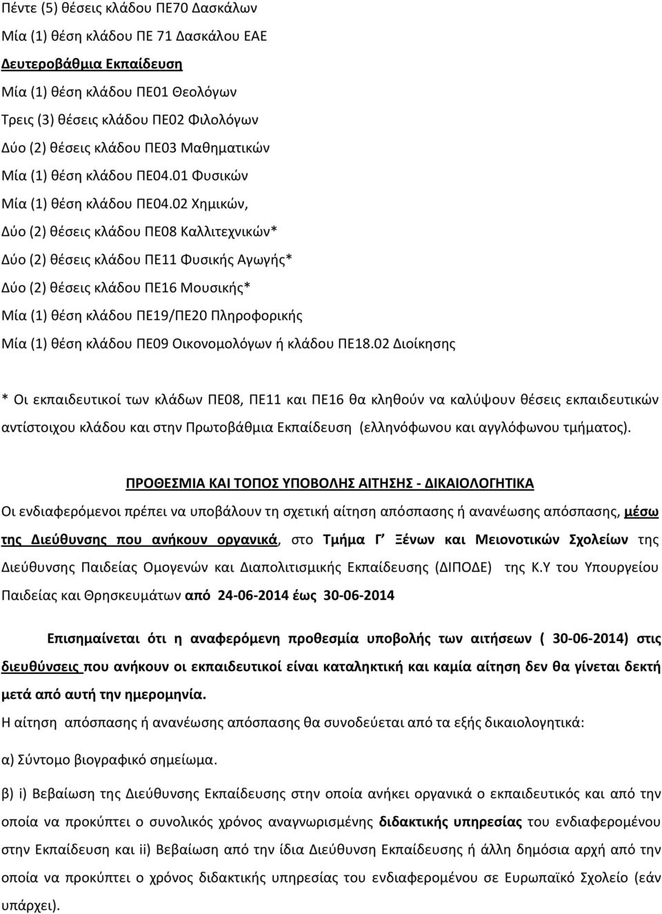 02 Χημικών, Δύο (2) θέσεις κλάδου ΠΕ08 Καλλιτεχνικών* Δύο (2) θέσεις κλάδου ΠΕ11 Φυσικής Αγωγής* Δύο (2) θέσεις κλάδου ΠΕ16 Μουσικής* Μία (1) θέση κλάδου ΠΕ19/ΠΕ20 Πληροφορικής Μία (1) θέση κλάδου