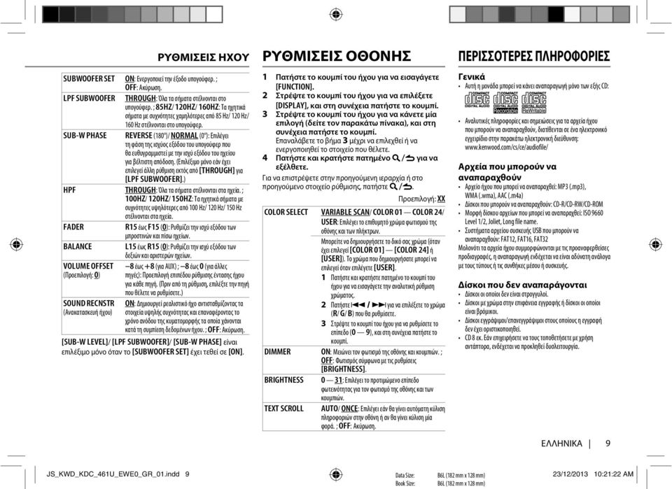 SUB-W PHASE REVERSE (180 )/ NORMAL (0 ): Επιλέγει τη φάση της ισχύος εξόδου του υπογούφερ που θα ευθυγραμμιστεί με την ισχύ εξόδου του ηχείου για βέλτιστη απόδοση.