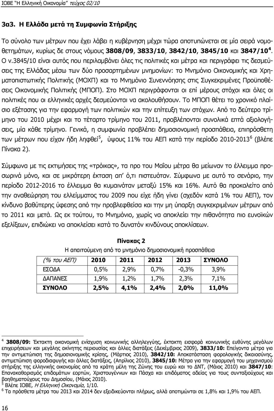 3845/10 είναι αυτός που περιλαμβάνει όλες τις πολιτικές και μέτρα και περιγράφει τις δεσμεύσεις της Ελλάδας μέσω των δύο προσαρτημένων μνημονίων: το Μνημόνιο Οικονομικής και Χρηματοπιστωτικής