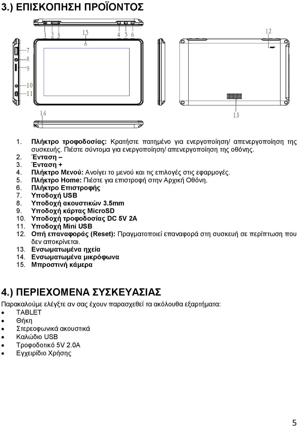 Υποδοχή κάρτας MicroSD 10. Υποδοχή τροφοδοσίας DC 5V 2A 11. Υποδοχή Mini USB 12. Οπή επαναφοράς (Reset): Πραγματοποιεί επαναφορά στη συσκευή σε περίπτωση που δεν αποκρίνεται. 13.