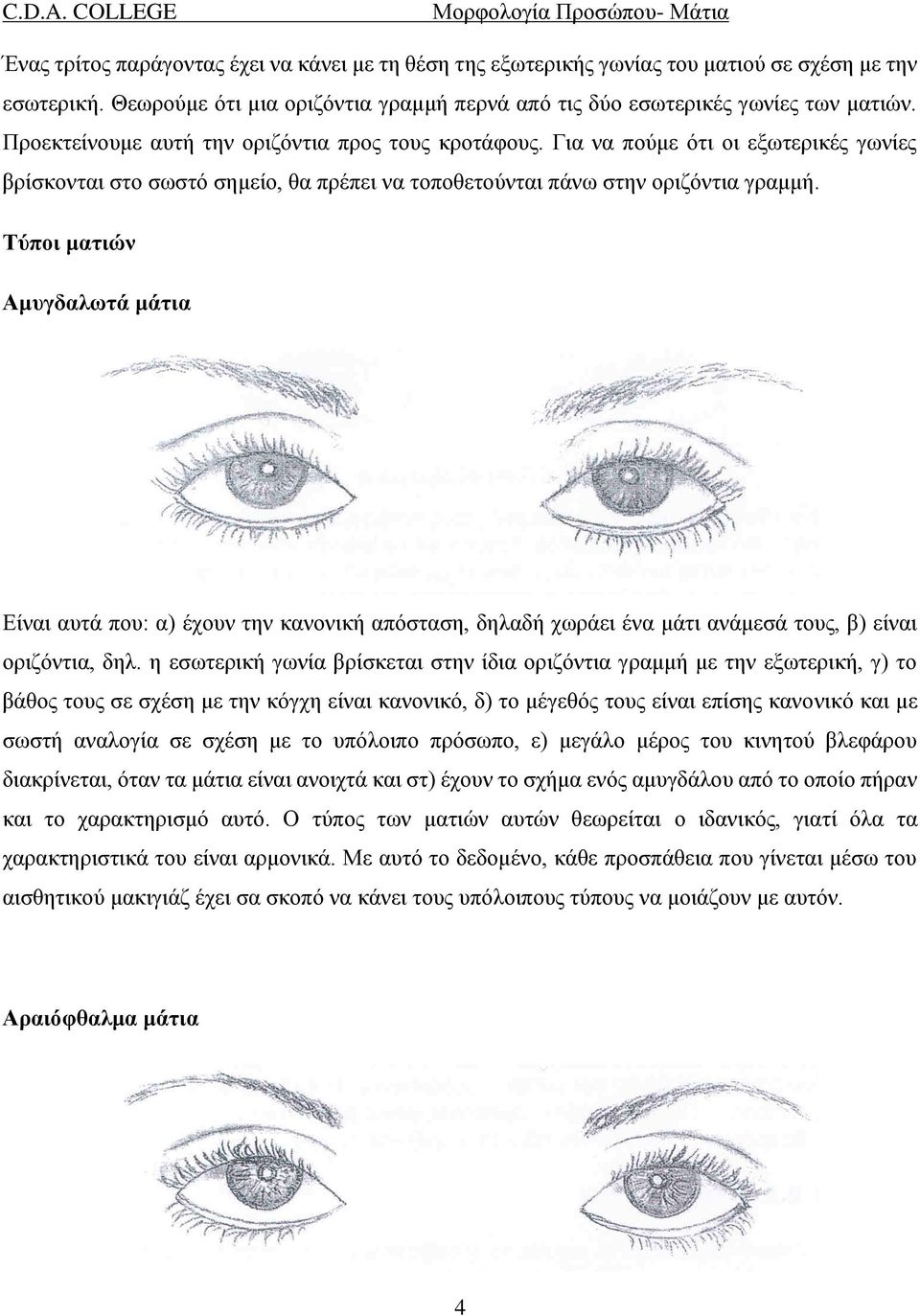 Τύποι ματιών Αμυγδαλωτά μάτια Είναι αυτά που: α) έχουν την κανονική απόσταση, δηλαδή χωράει ένα μάτι ανάμεσά τους, β) είναι οριζόντια, δηλ.